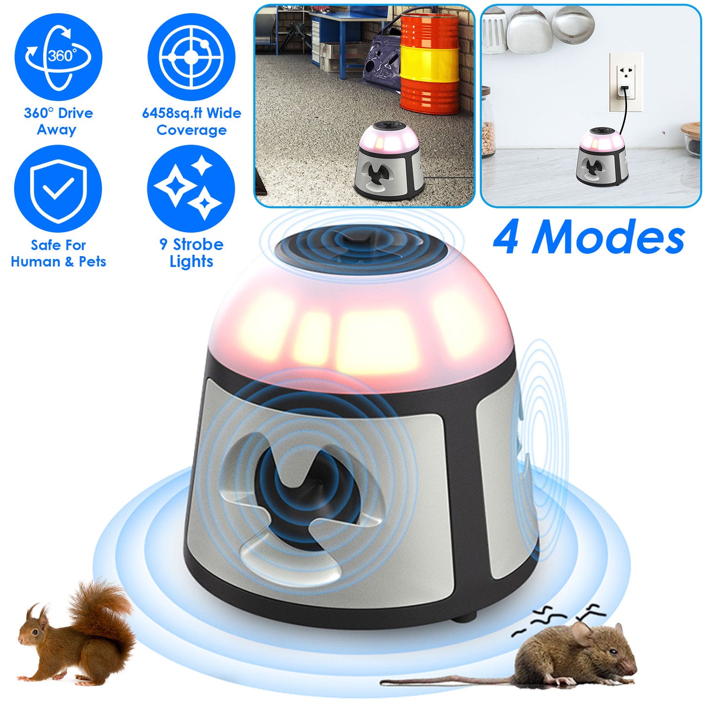Ultrasonic Rodent Repeller with 4 Modes & Strobe Lights