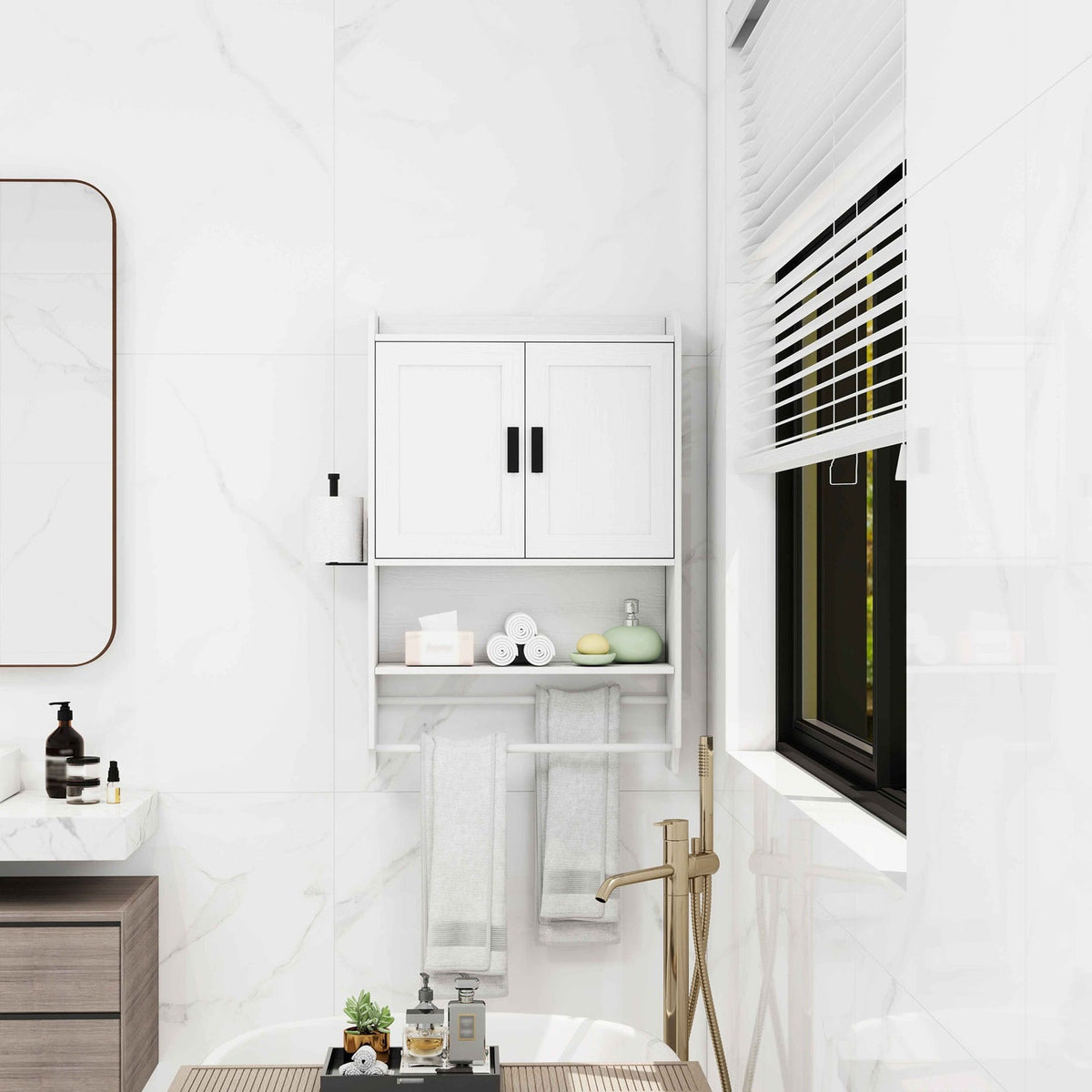 Wall Mounted Bathroom Cabinet with Towel Bar & Toilet Paper Holder