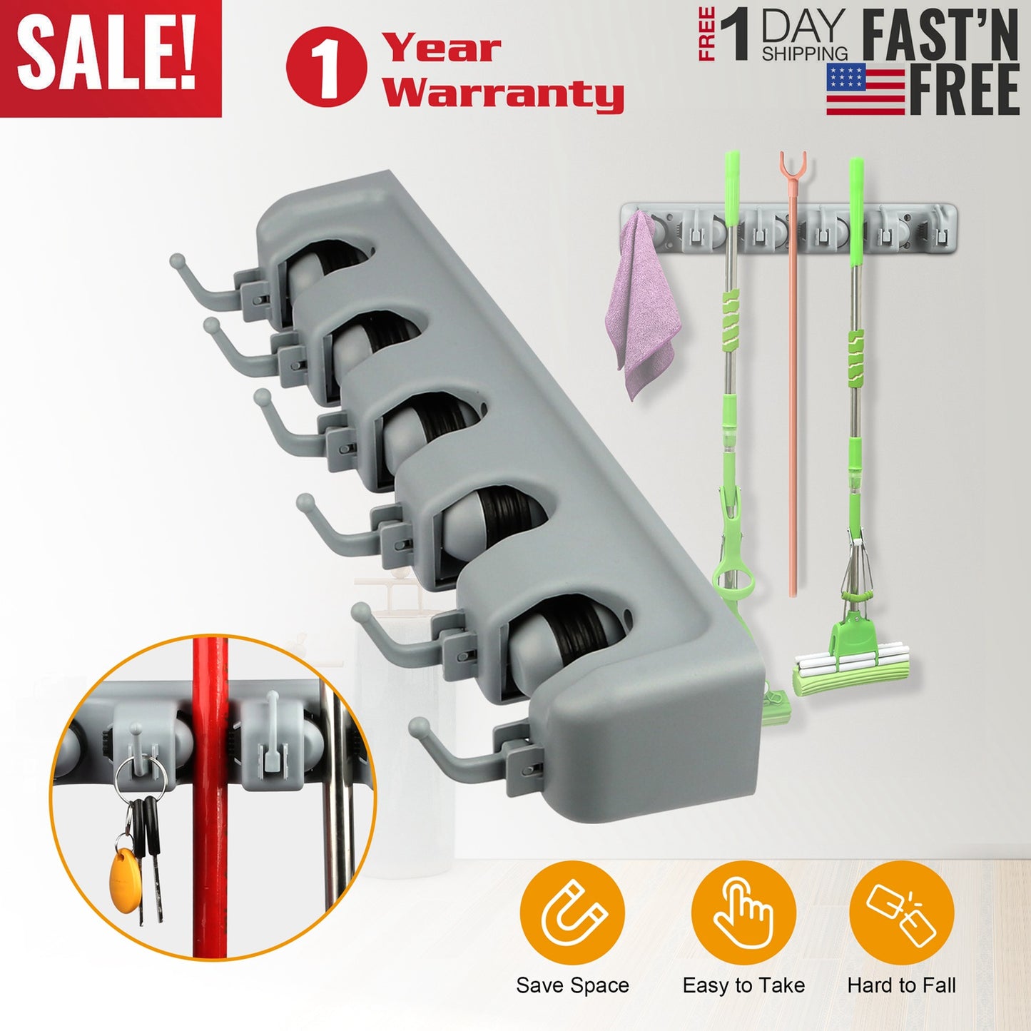 Wall Mount Mop Holder with 5 Slots and 6 Hooks
