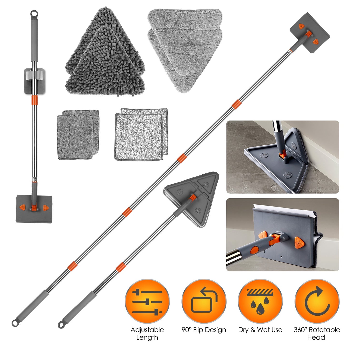 Baseboard Cleaner Mop with Extendable Handle & 8 Reusable Pads