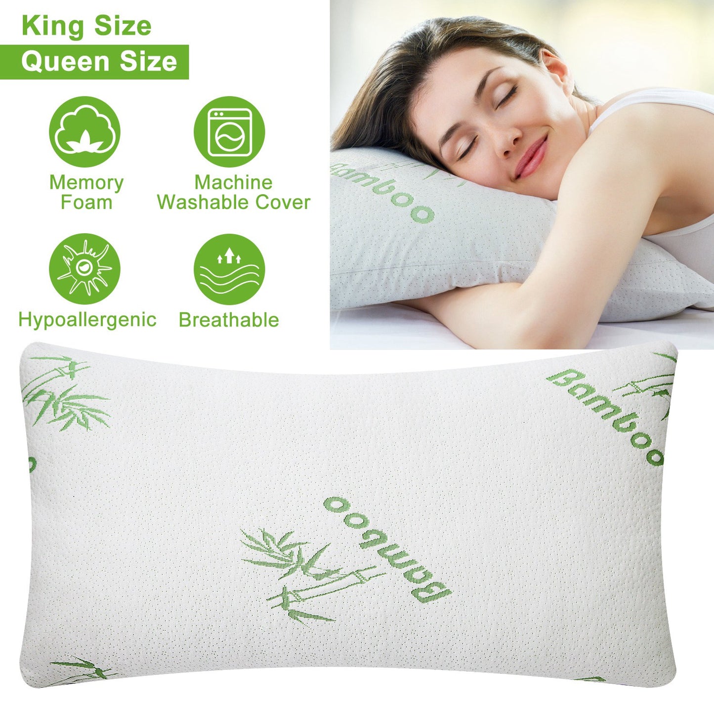 Memory Foam Pillow Set with Bamboo Cover - Queen Size (2-Pack)