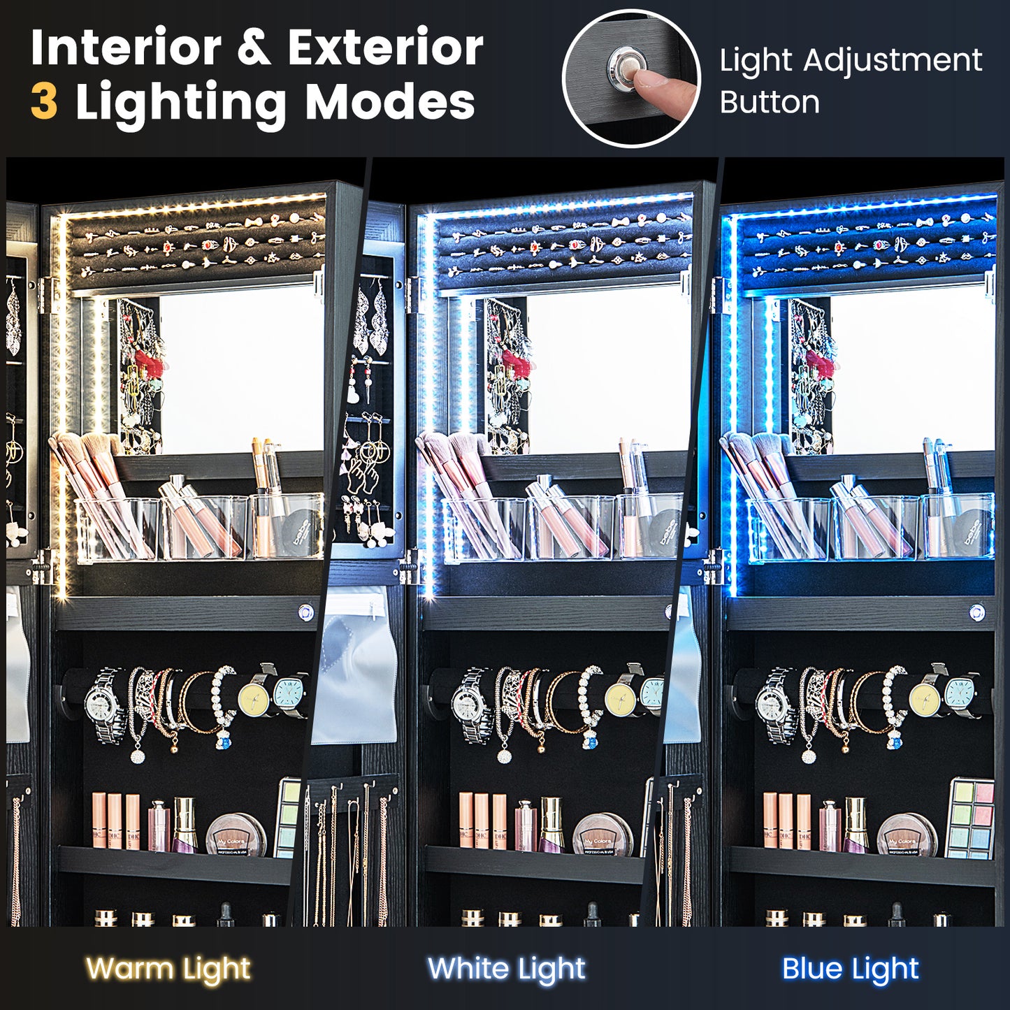 Lockable Jewelry Armoire Mirror Cabinet with 3-Color LED Lights