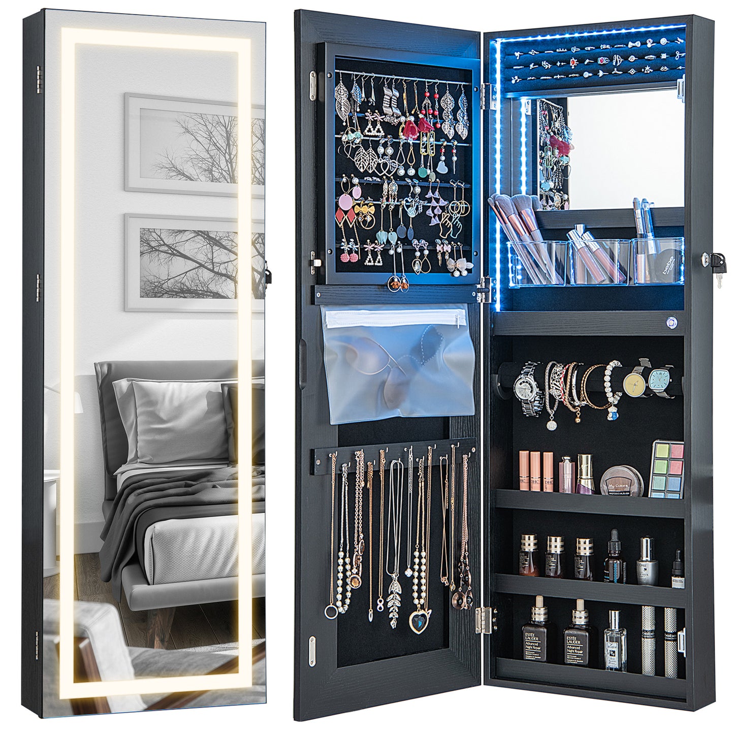 Lockable Jewelry Armoire Mirror Cabinet with 3-Color LED Lights