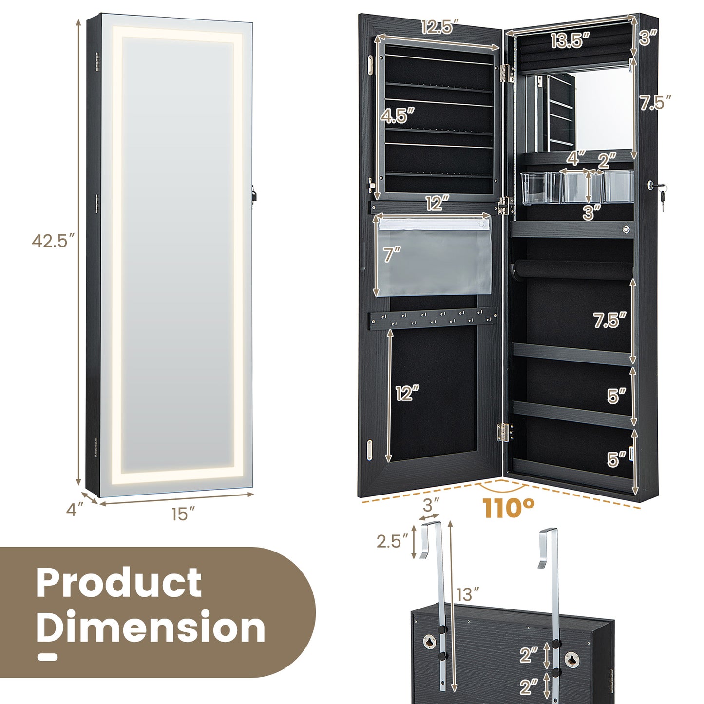 Lockable Jewelry Armoire Mirror Cabinet with 3-Color LED Lights