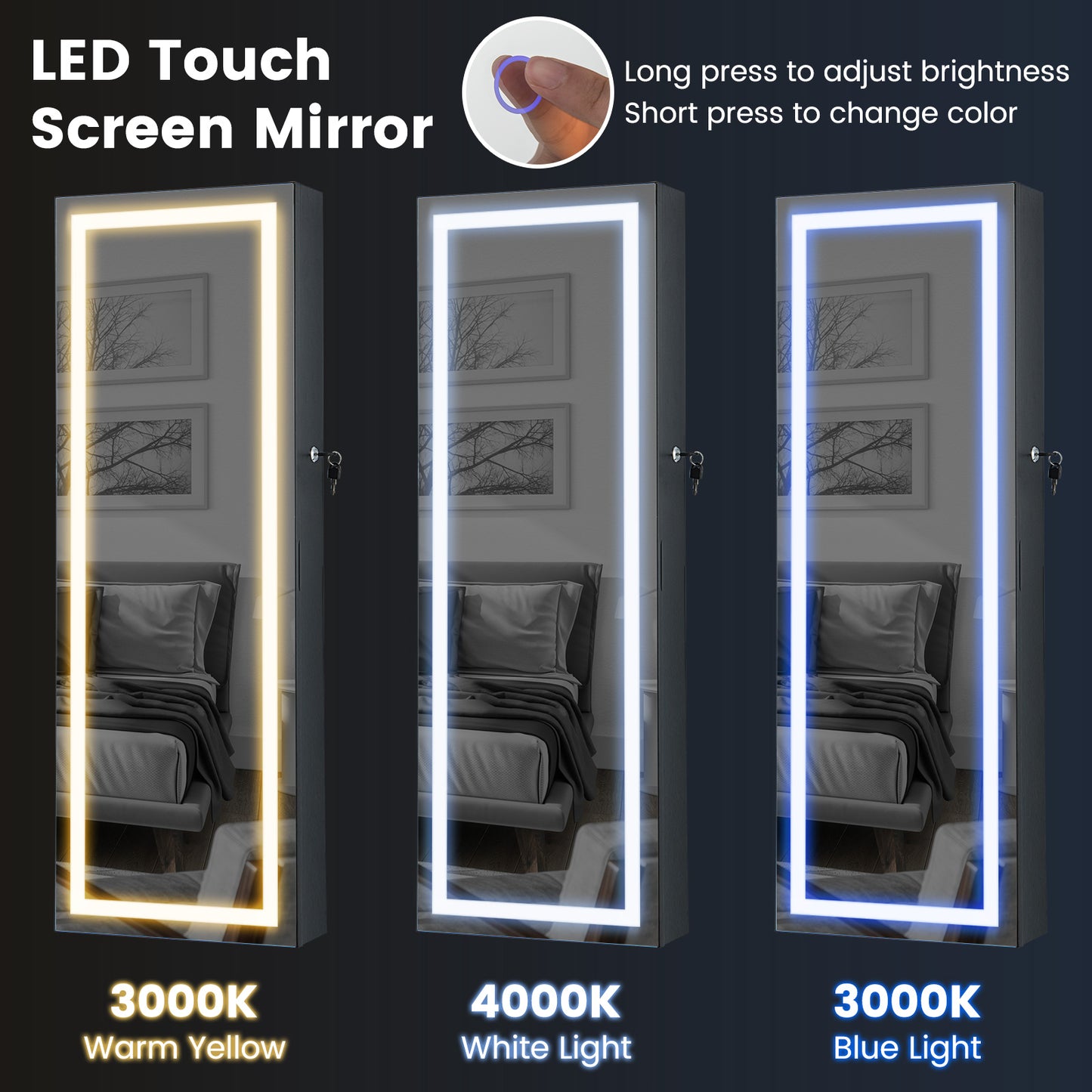 Lockable Jewelry Armoire Mirror Cabinet with 3-Color LED Lights