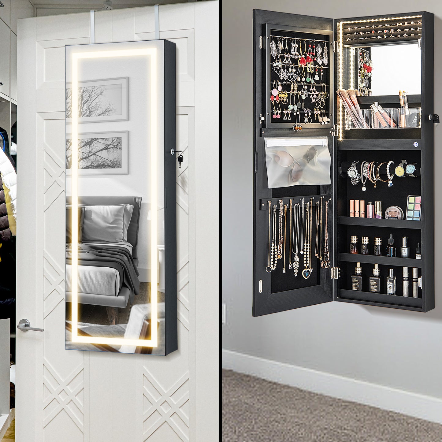 Lockable Jewelry Armoire Mirror Cabinet with 3-Color LED Lights
