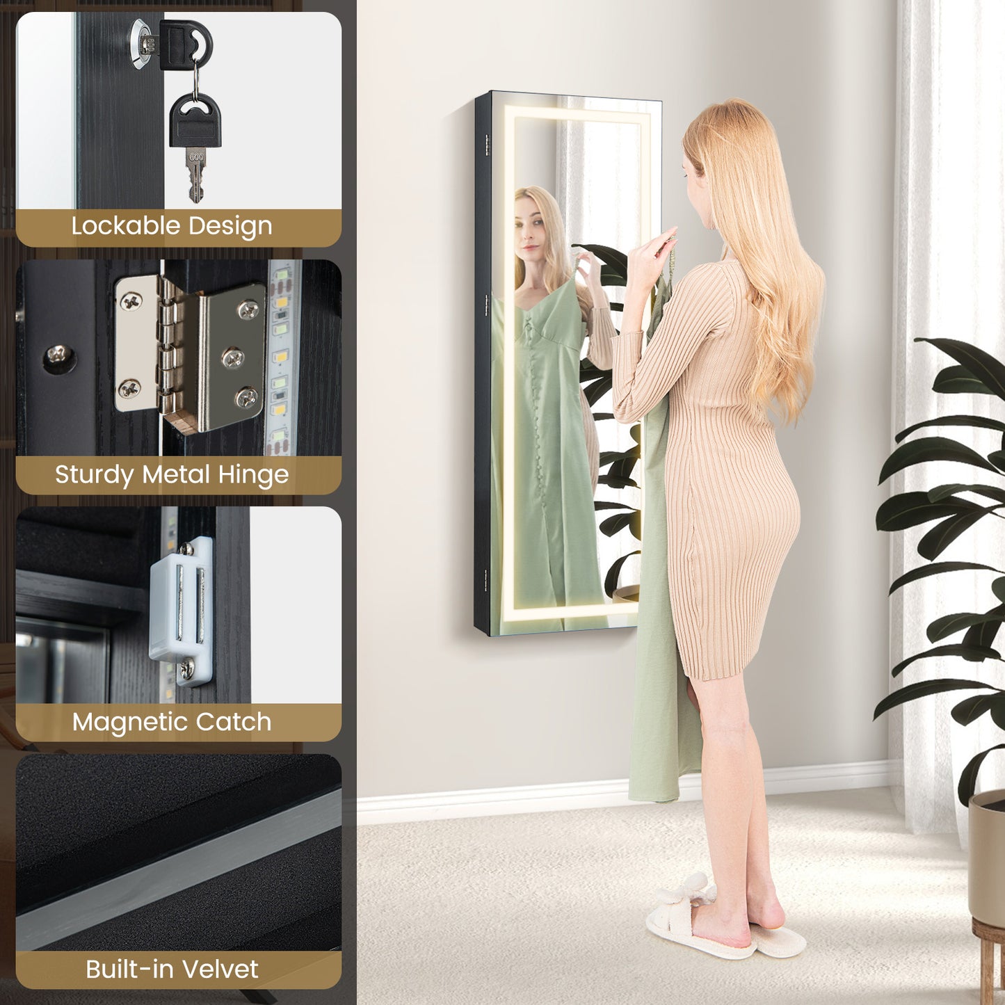 Lockable Jewelry Armoire Mirror Cabinet with 3-Color LED Lights