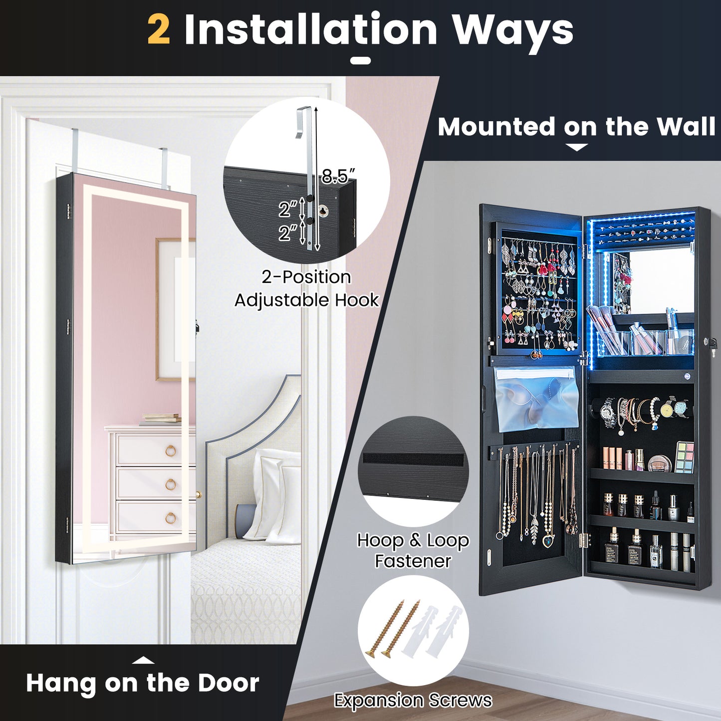 Lockable Jewelry Armoire Mirror Cabinet with 3-Color LED Lights