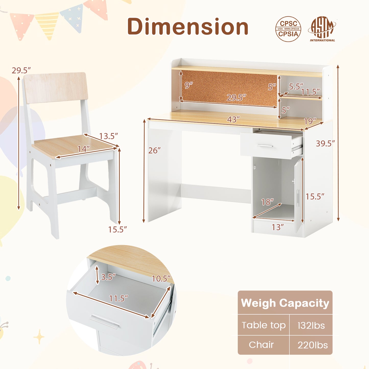 Kids Study Desk and Chair Set with Storage and Bulletin Board
