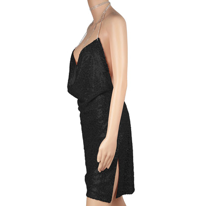 Sexy Women Chain Choker Side Slit Backless Slip Dress With Sequins