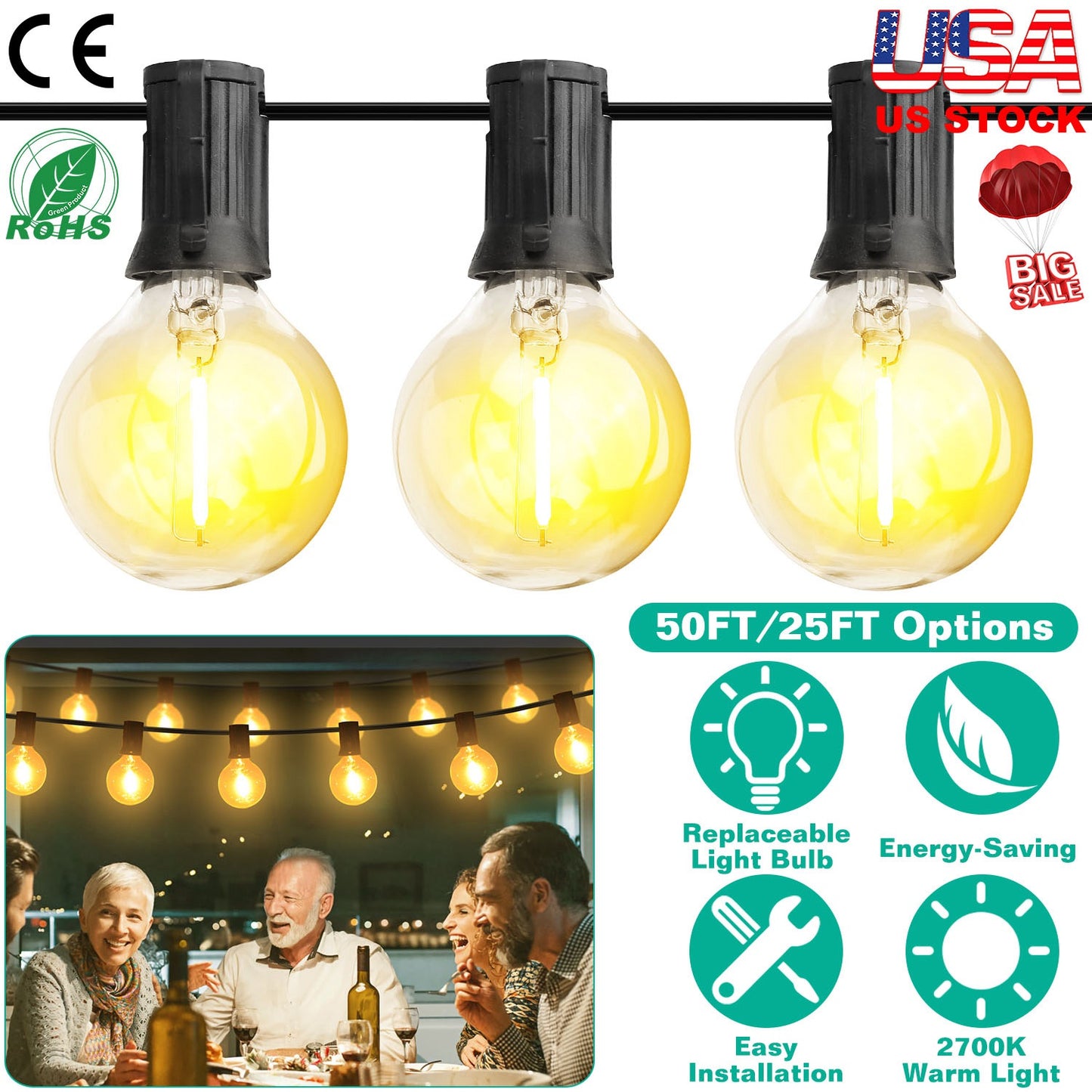 Globe String Lights 25FT Outdoor Indoor with 25 Warm Bulbs
