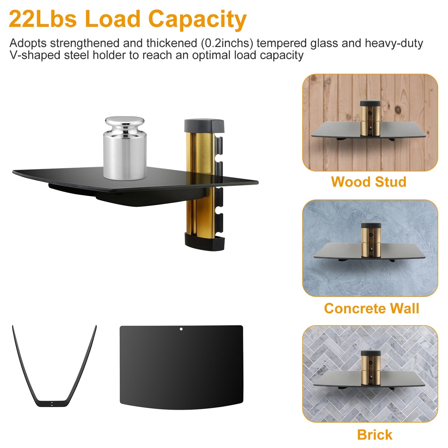 Tempered Glass Wall Shelf with Cable Management - 22lb Capacity
