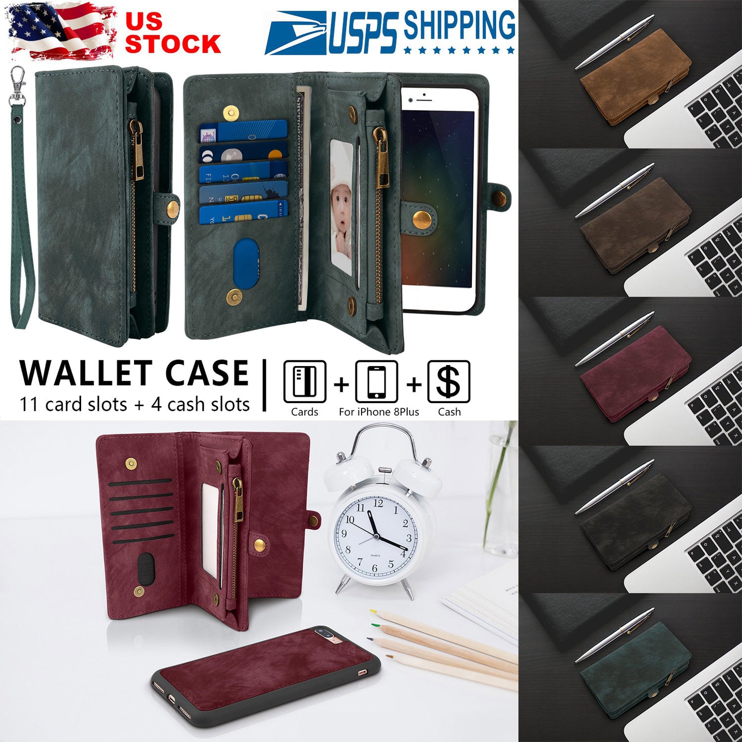 iPhone 8 Plus Wallet Case with 15 Card Slots & Detachable Cover