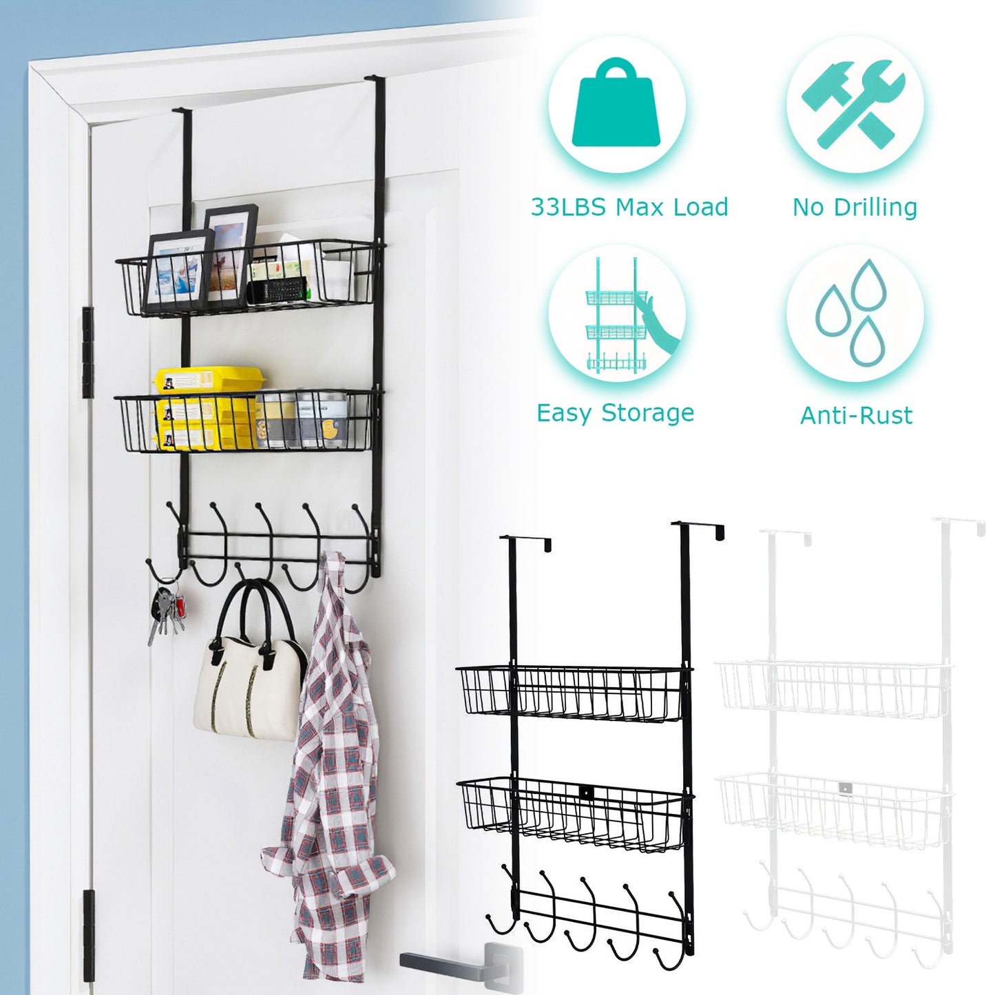 Over The Door Organizer with 5 Hooks and 2 Metal Baskets