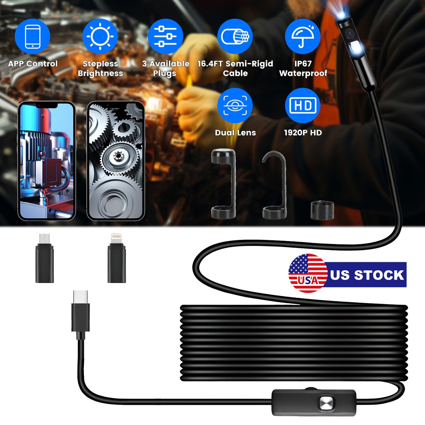 Endoscope Camera 1920P HD Waterproof with Dual Lens & 16.4ft Cable