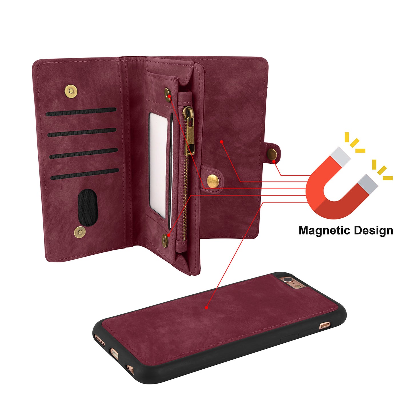iPhone 6 Wallet Case with Detachable Magnetic Phone Holder