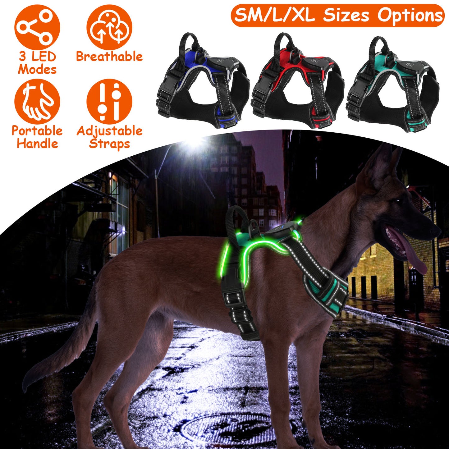 LED Dog Harness Rechargeable No-Pull Vest with Handle