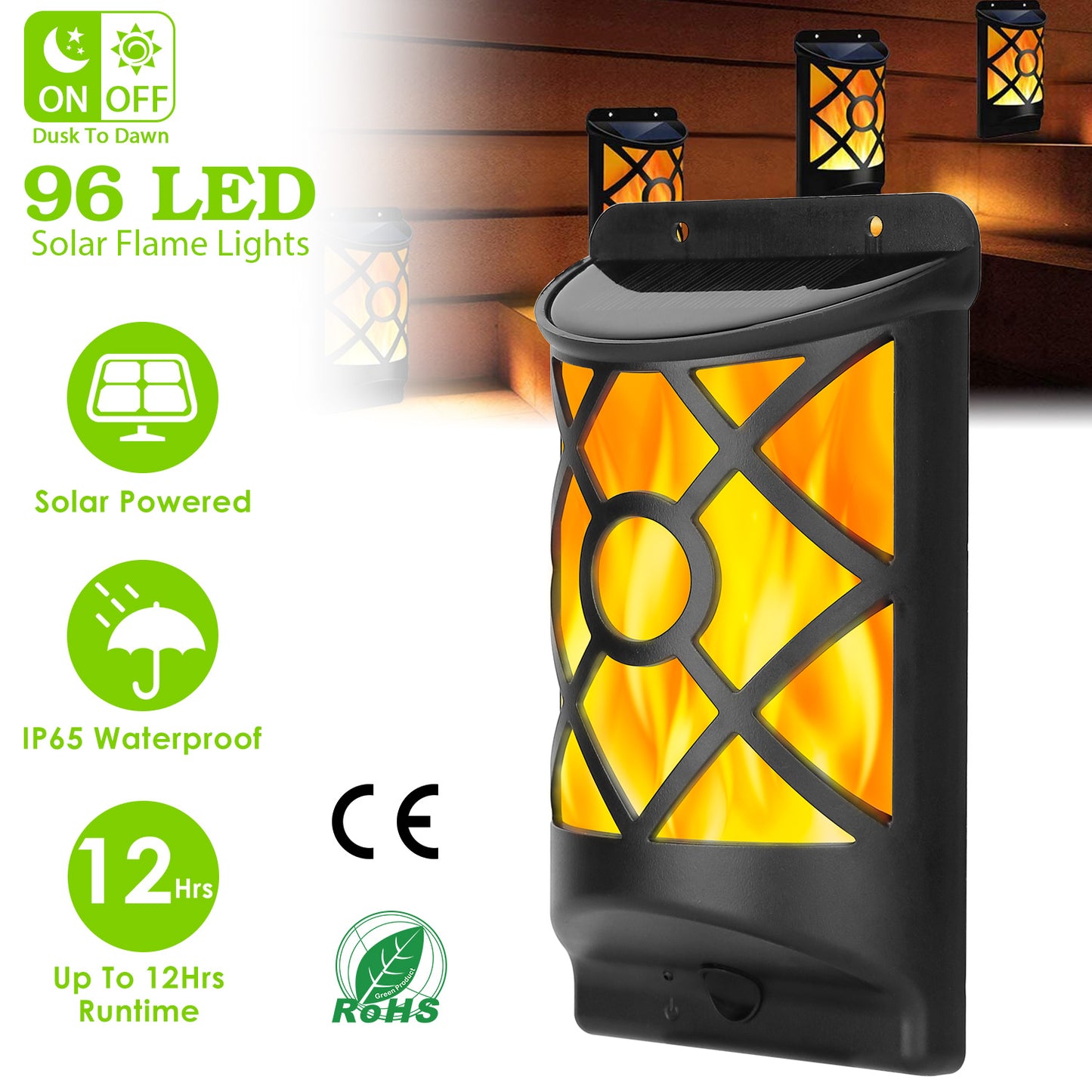 Solar Flame Wall Light with 96 LEDs - Waterproof Outdoor