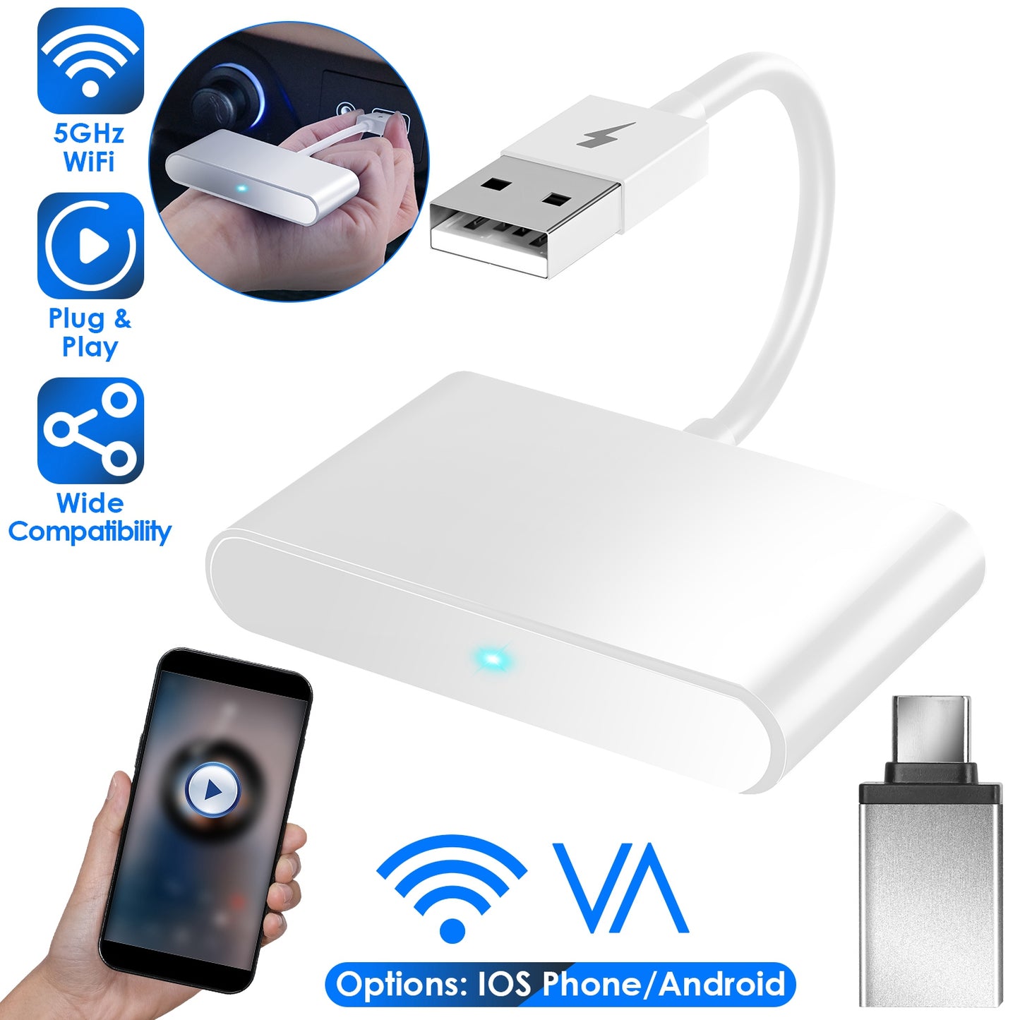 Wireless CarPlay Adapter for iPhone & Android - 5GHz WiFi