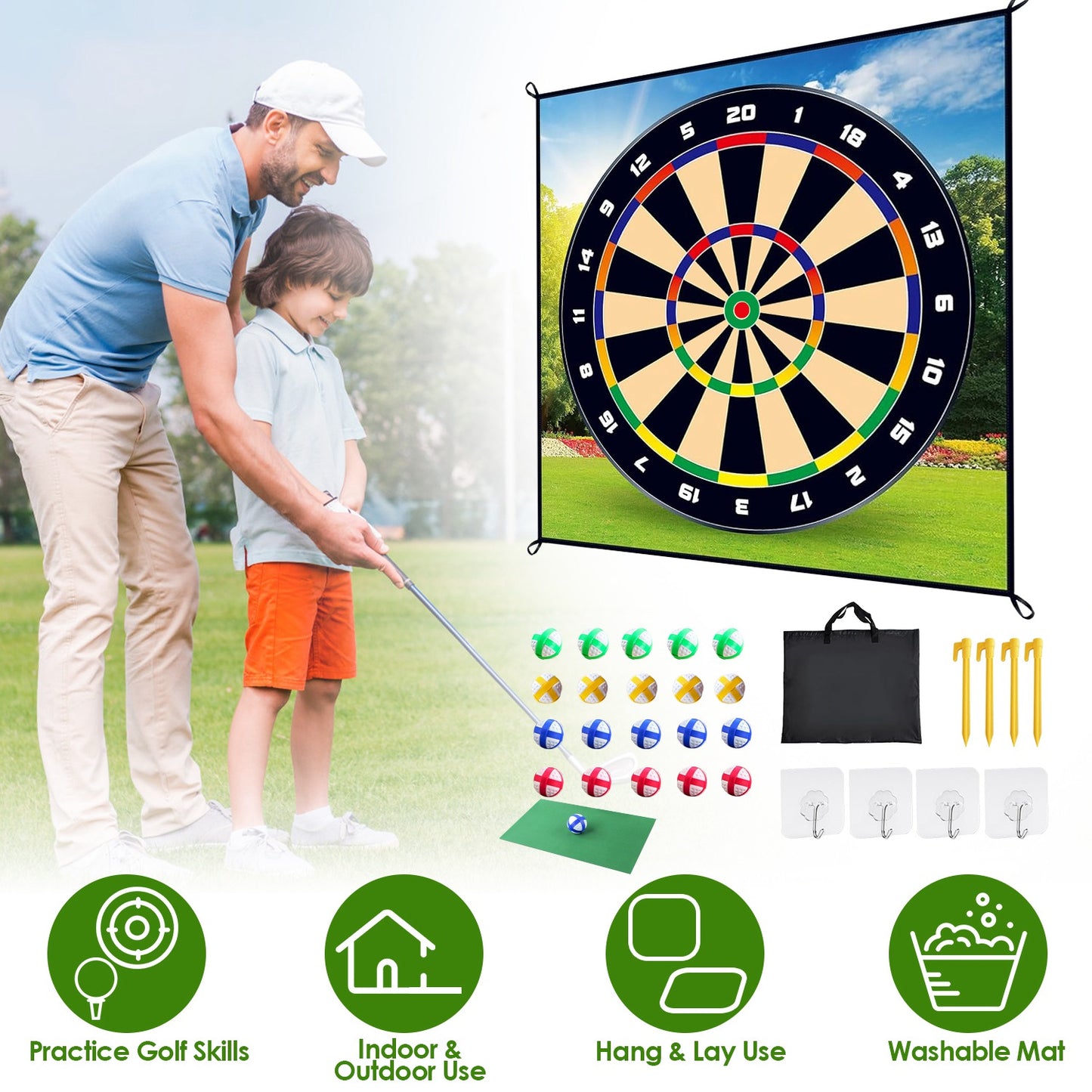 Golf Chipping Dart Game Mat Set with 20 Sticky Balls