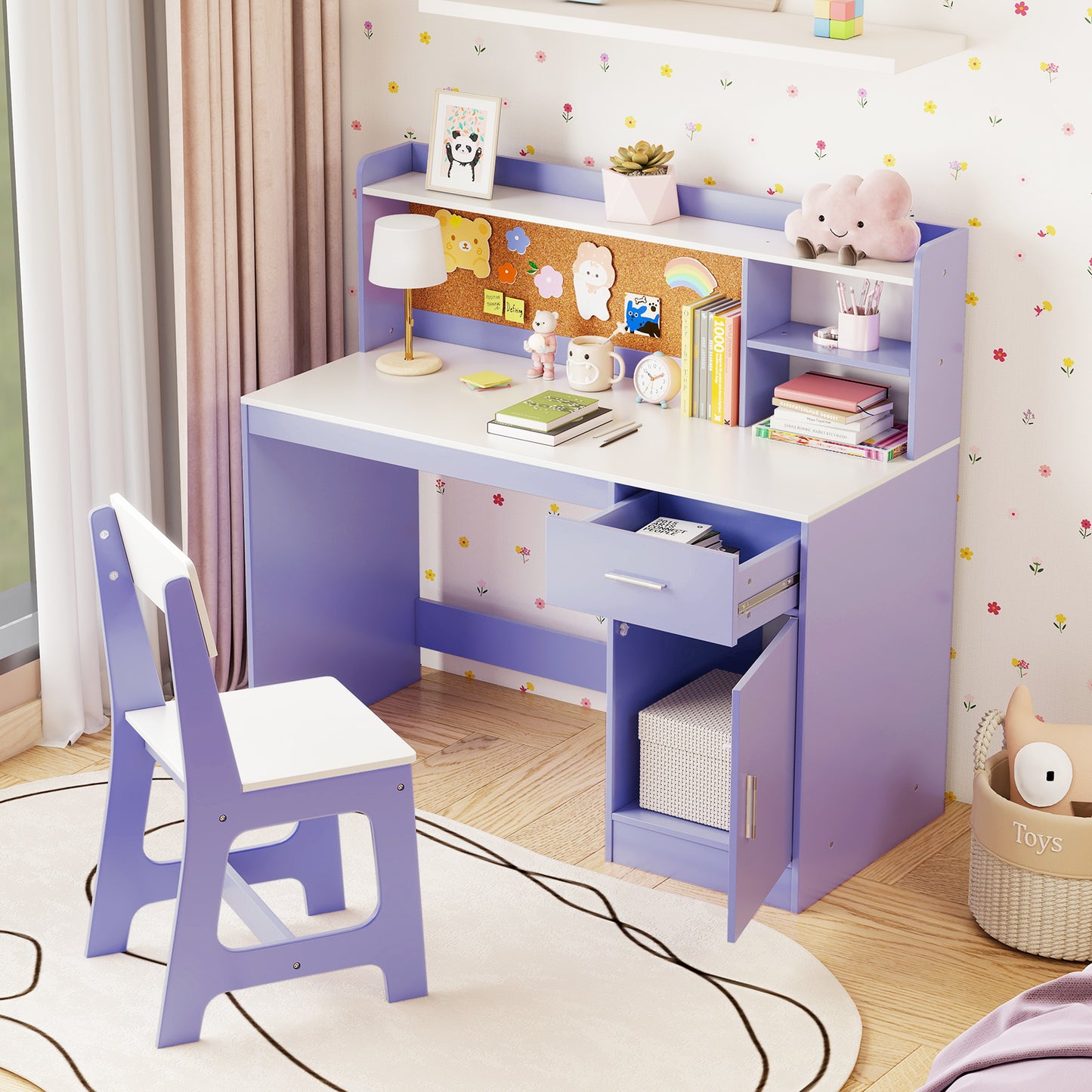 Kids Study Desk and Chair Set with Storage and Bulletin Board