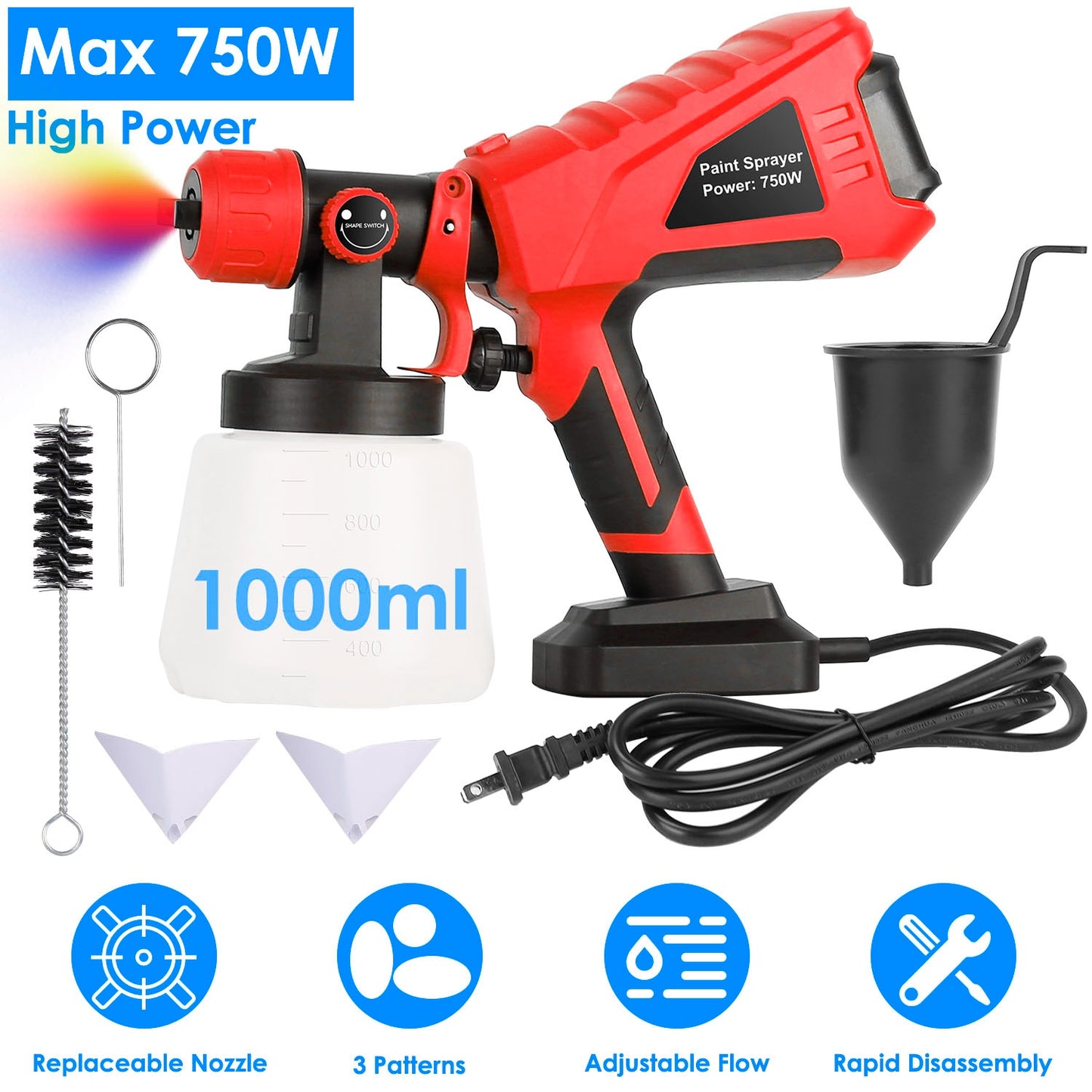 750W Electric Paint Sprayer with 3 Spray Patterns & 1000ML Cup