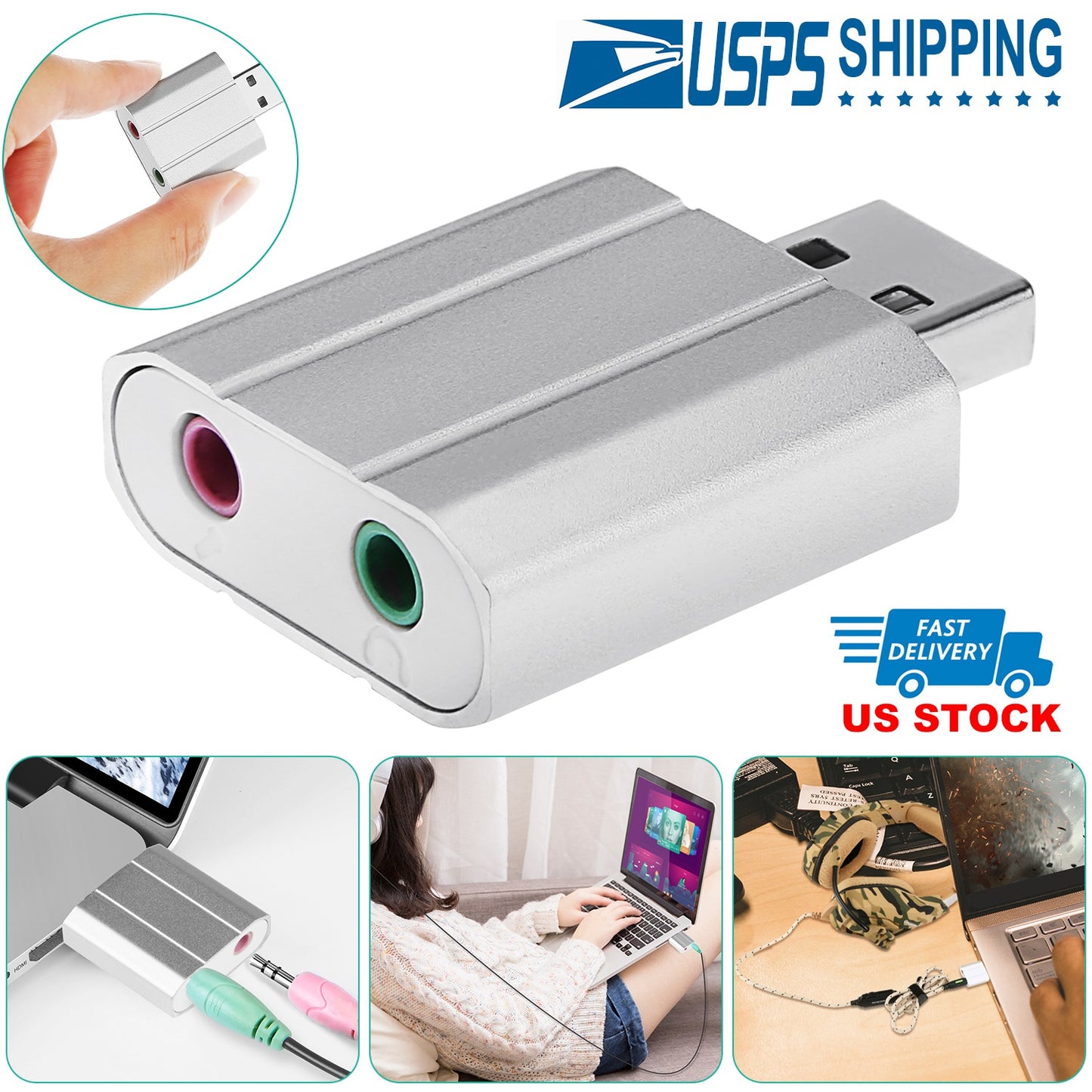 USB Audio Adapter with 3.5mm Headphone & Microphone Jacks