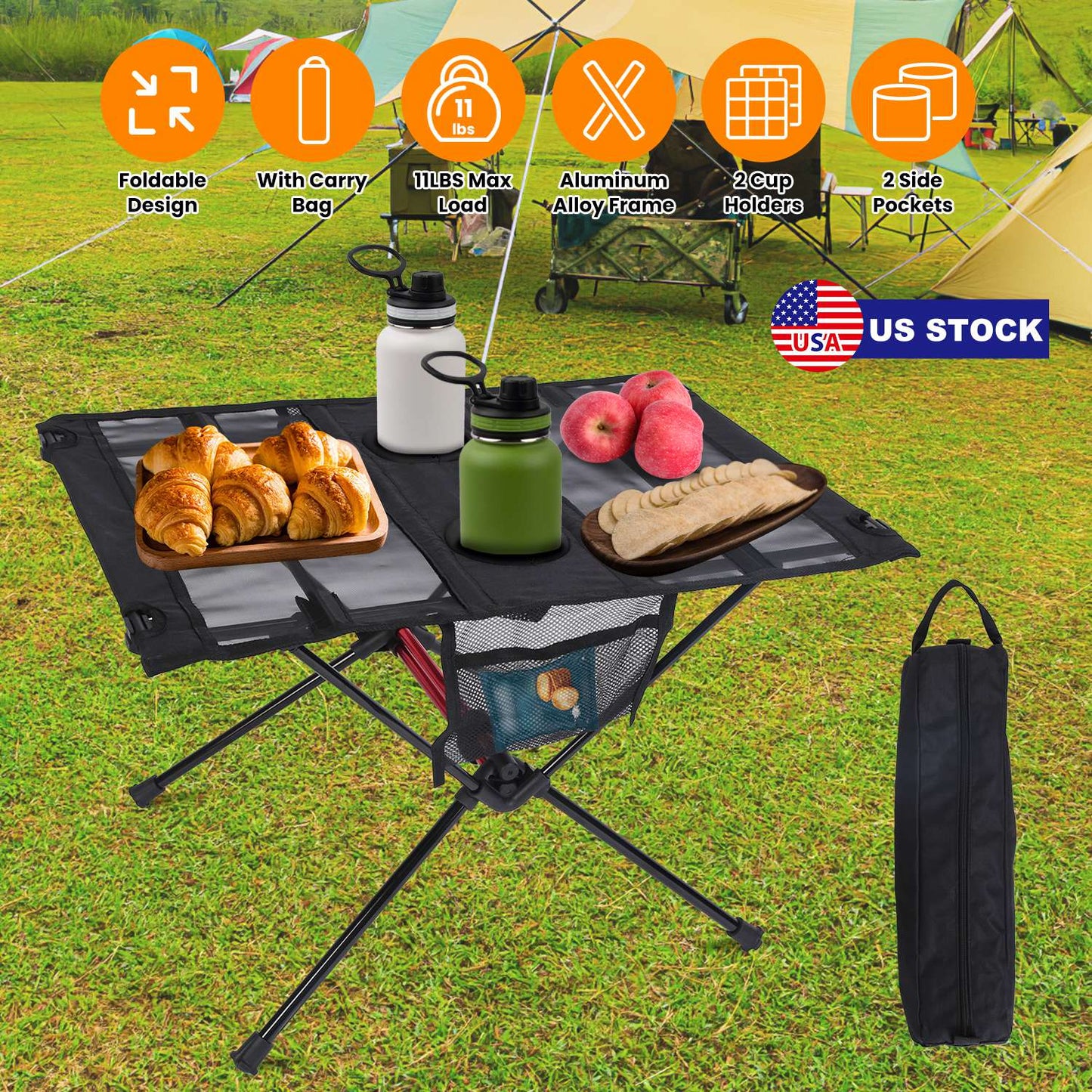 Folding Camping Table with Cup Holders & Carry Bag