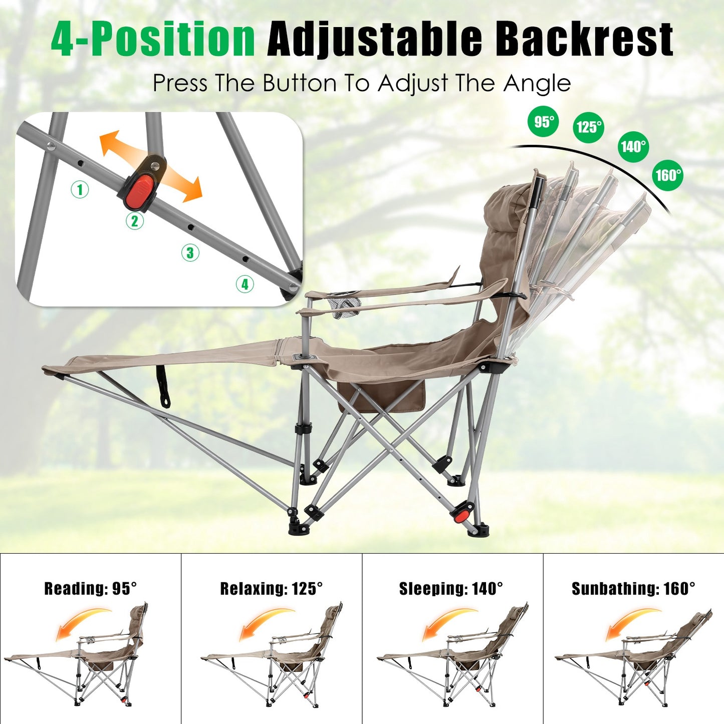 Reclining Camping Chair with Footrest - 4-Position Adjustable