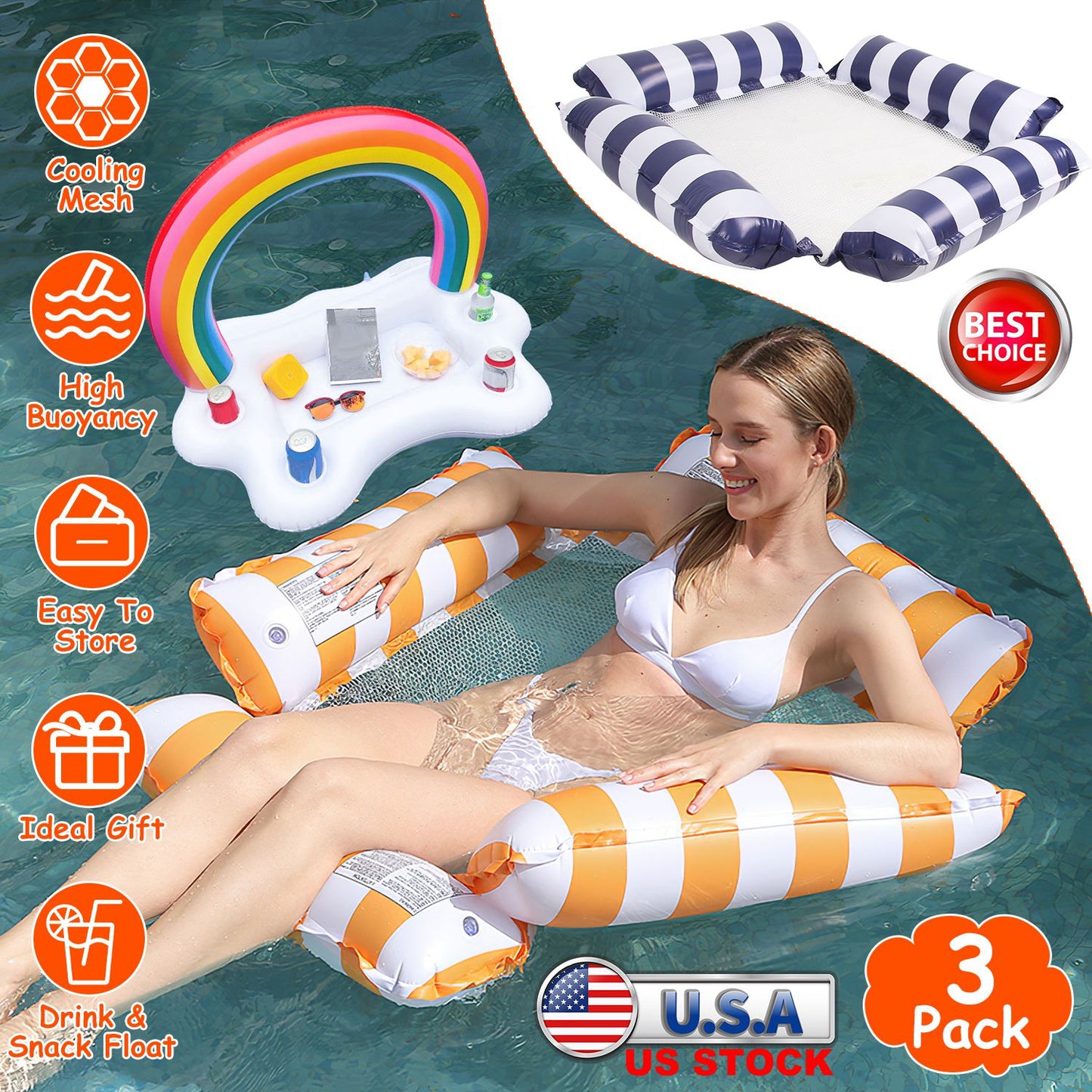 Inflatable Pool Float Set - 2 Hammocks & Drink Holder