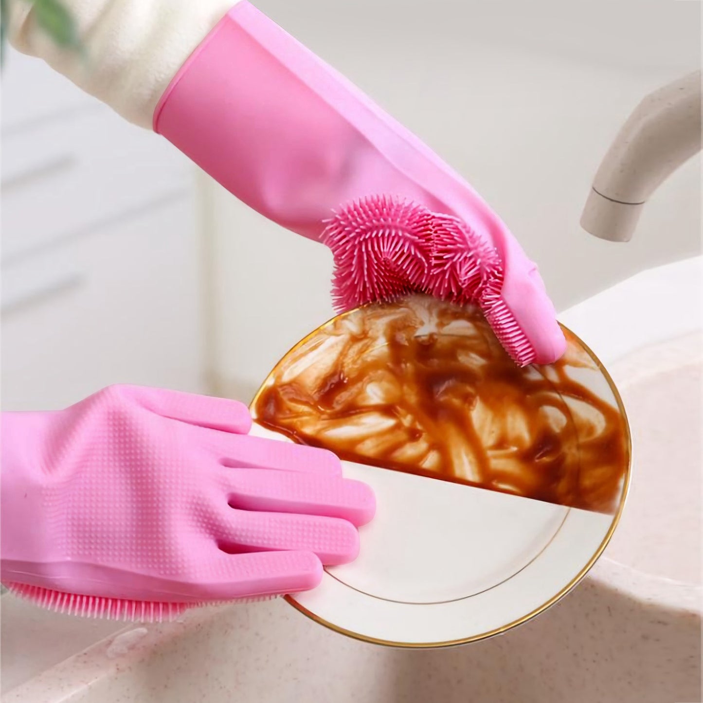 Silicone Dishwashing Gloves with Scrubbing Bristles