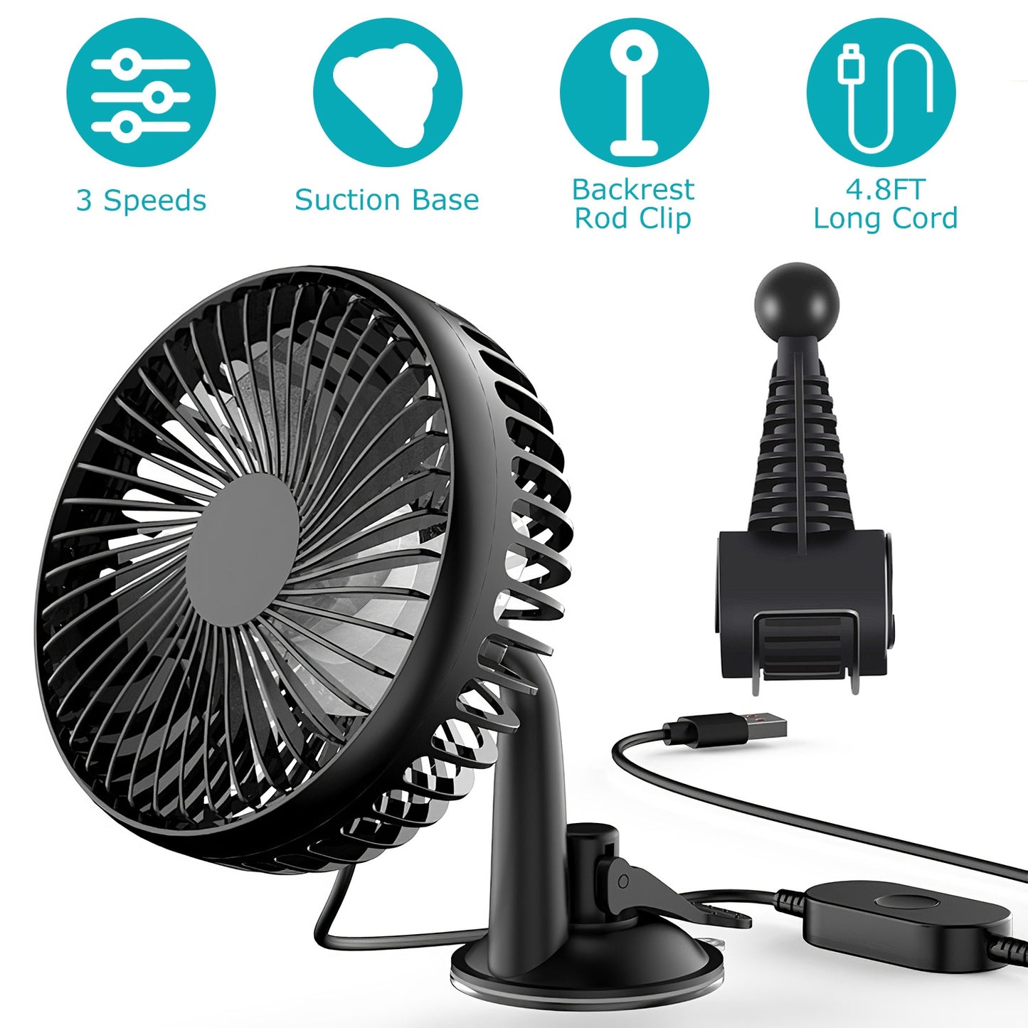 Car Cooling Fan USB Powered with 3 Speeds & Dual Mount