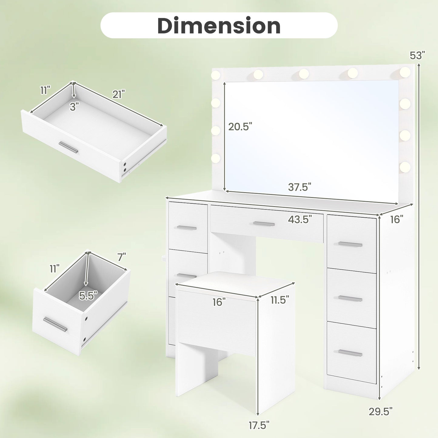 Vanity Desk with LED Mirror and Lights 43.5-Inch White