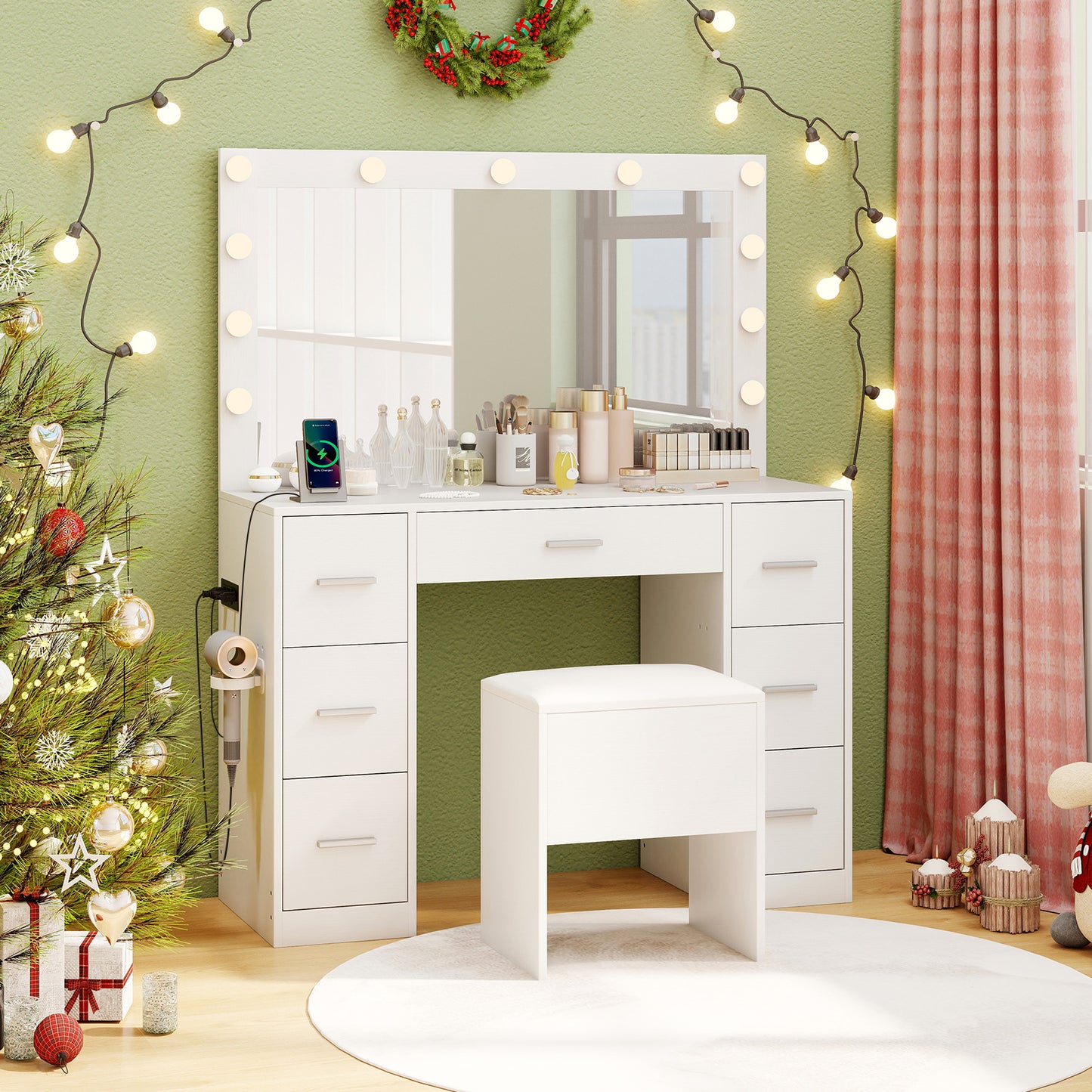 Vanity Desk with LED Mirror and Lights 43.5-Inch White
