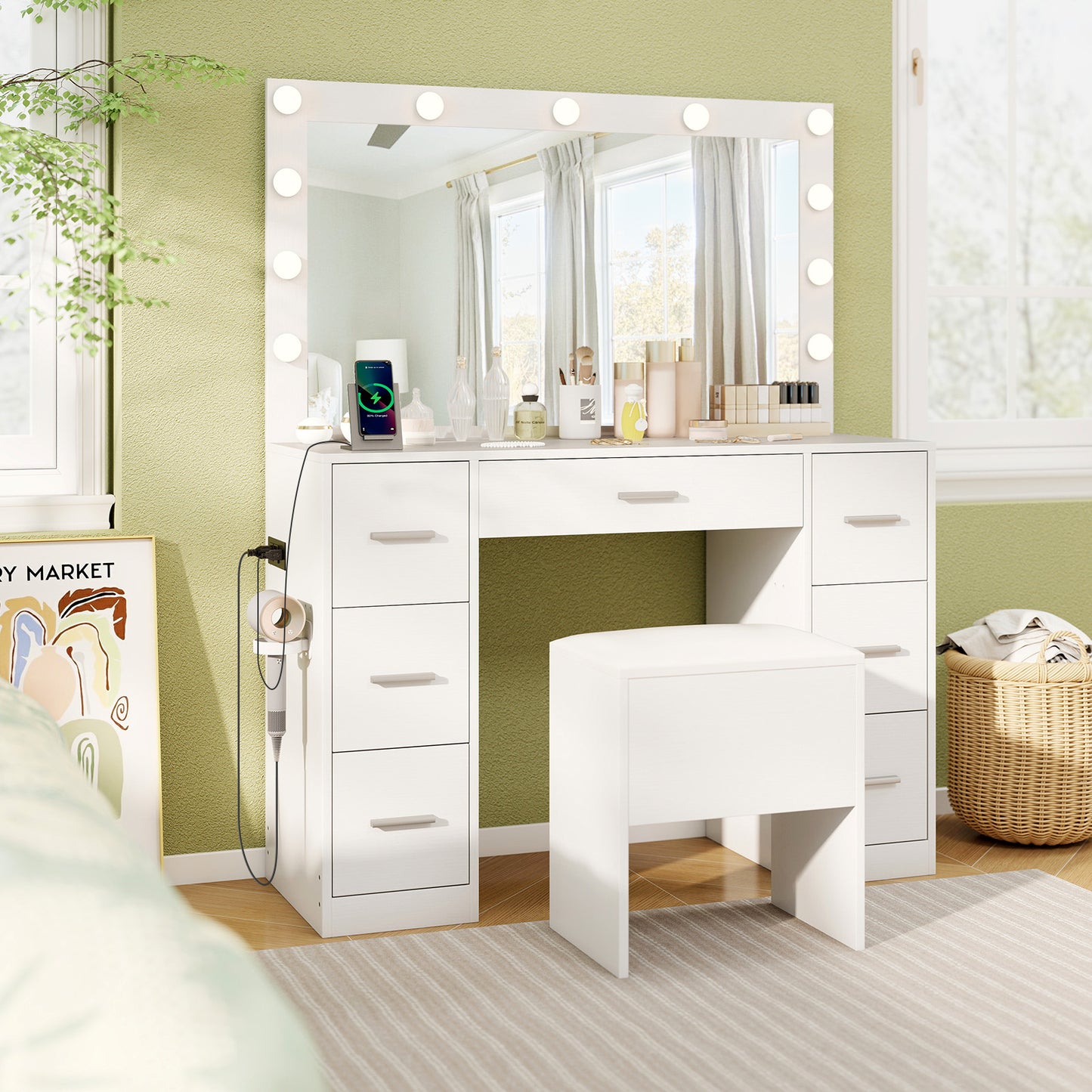 Vanity Desk with LED Mirror and Lights 43.5-Inch White