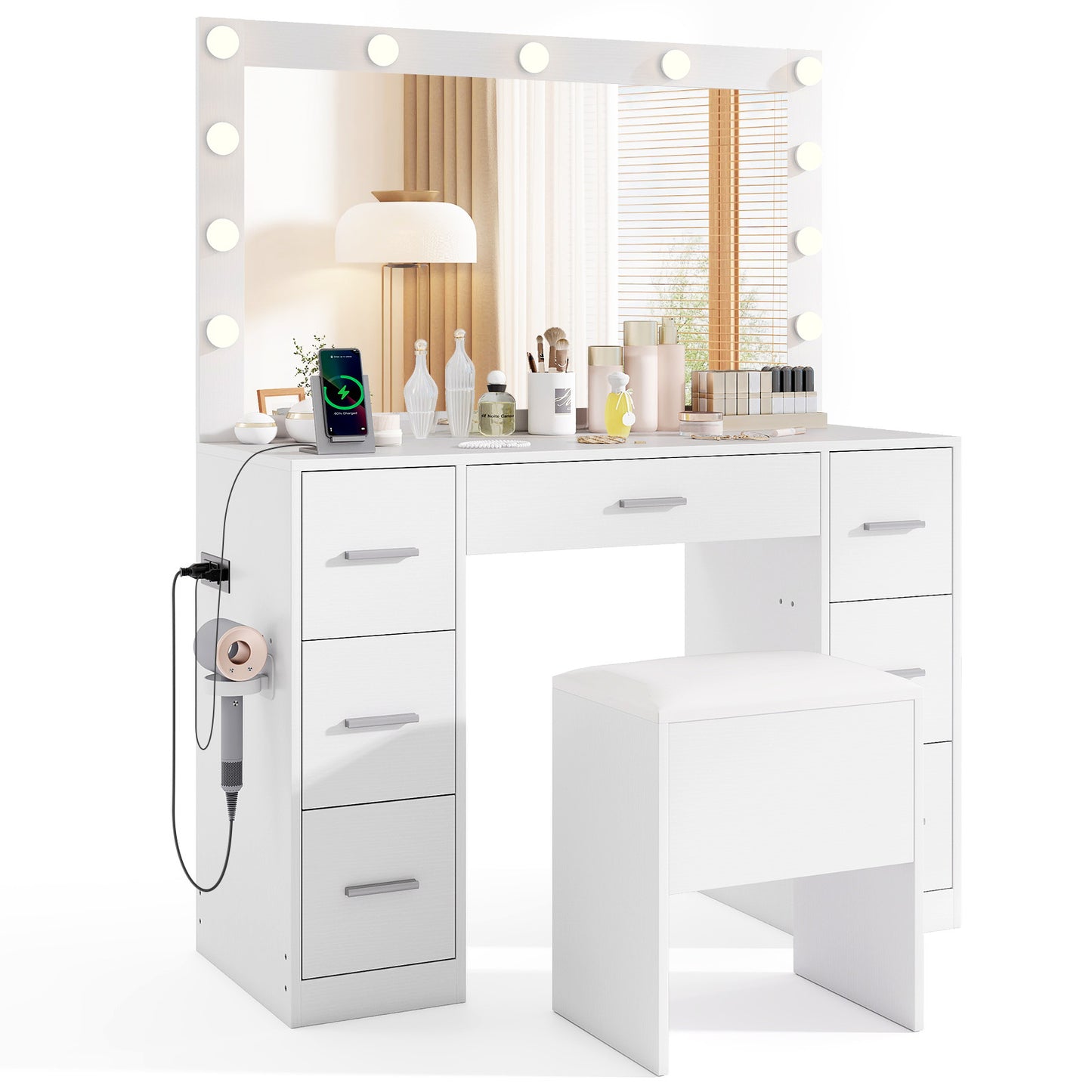 Vanity Desk with LED Mirror and Lights 43.5-Inch White