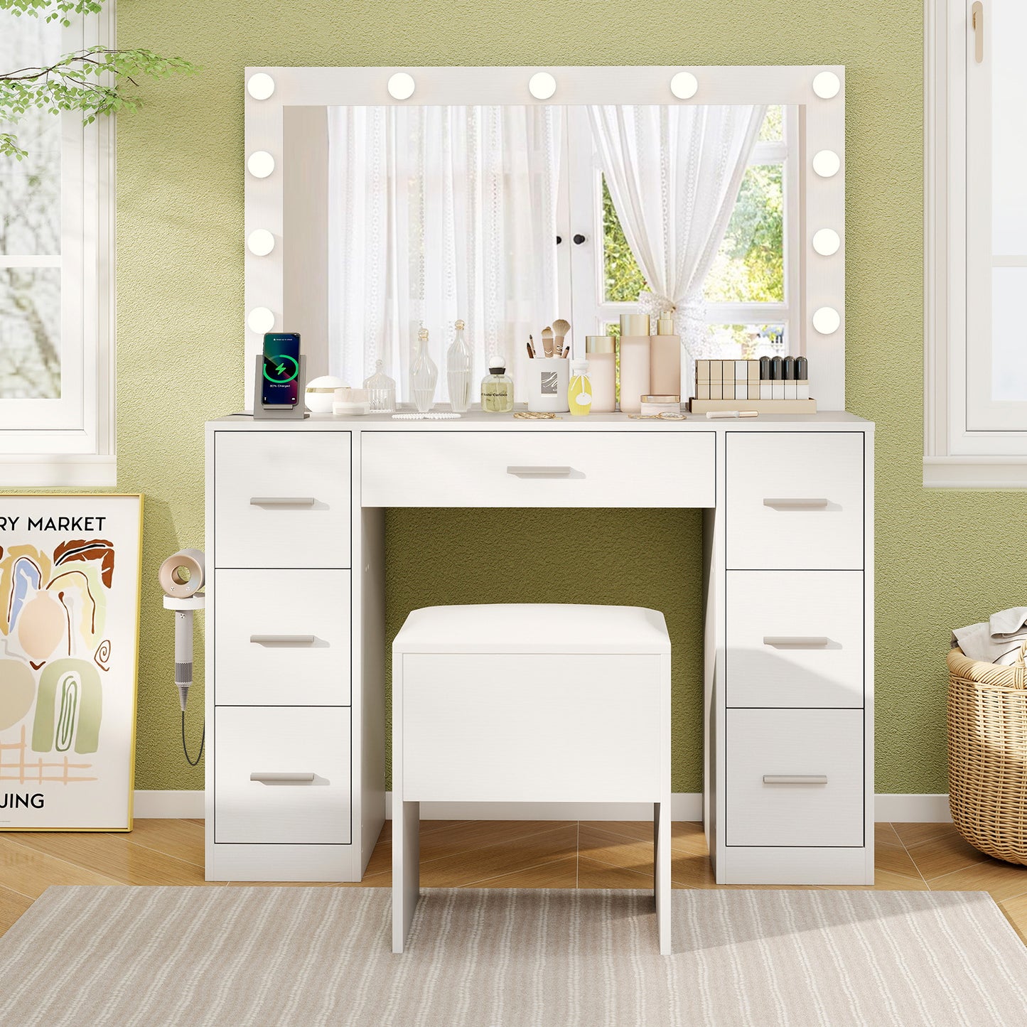 Vanity Desk with LED Mirror and Lights 43.5-Inch White