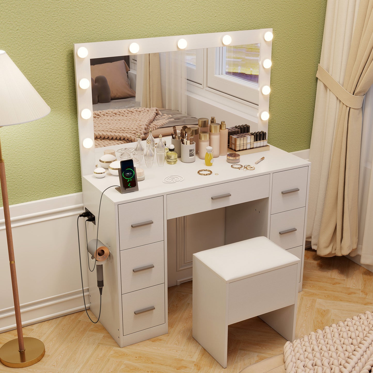 Vanity Desk with LED Mirror and Lights 43.5-Inch White