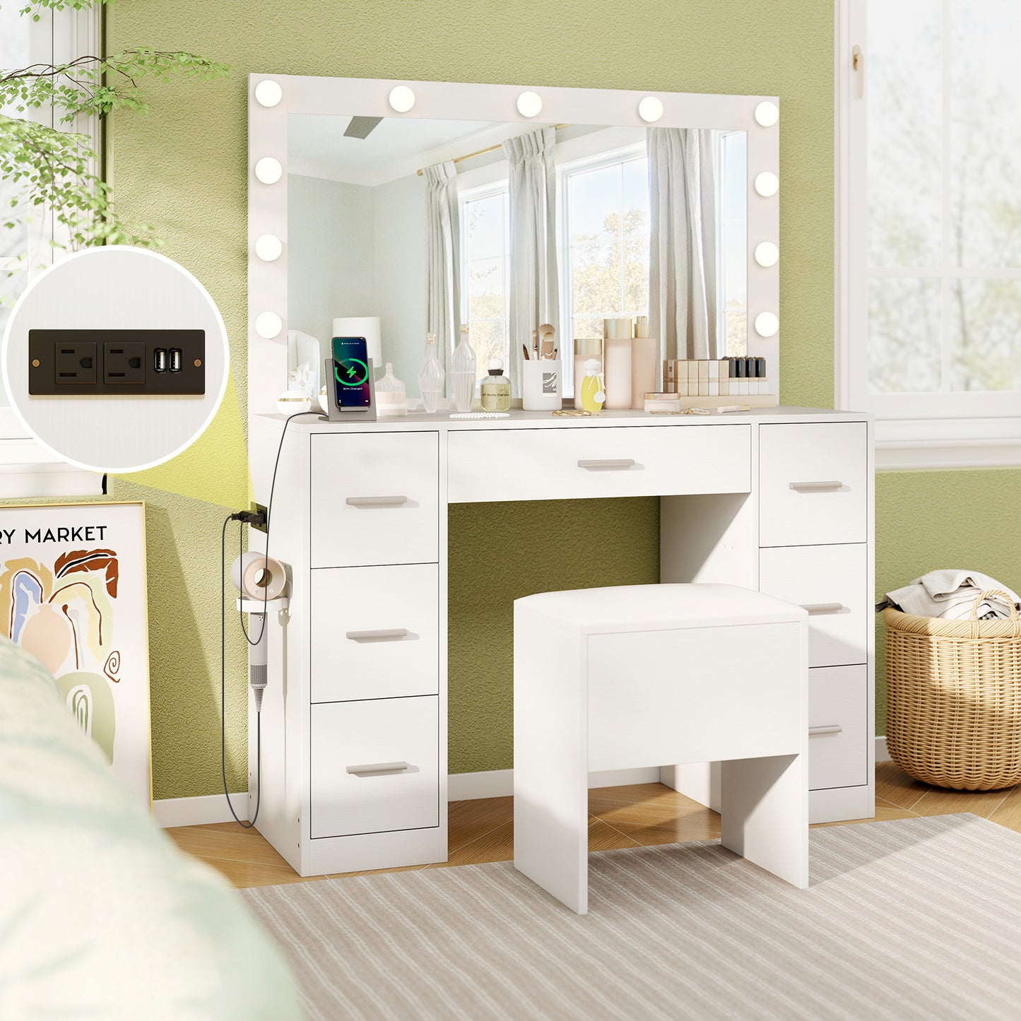 Vanity Desk with LED Mirror and Lights 43.5-Inch White