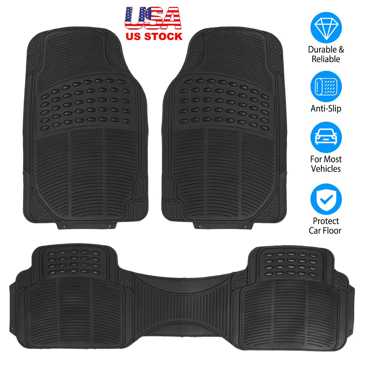 Car Floor Mats Set 3-Piece Heavy Duty PVC Rubber Trimmable