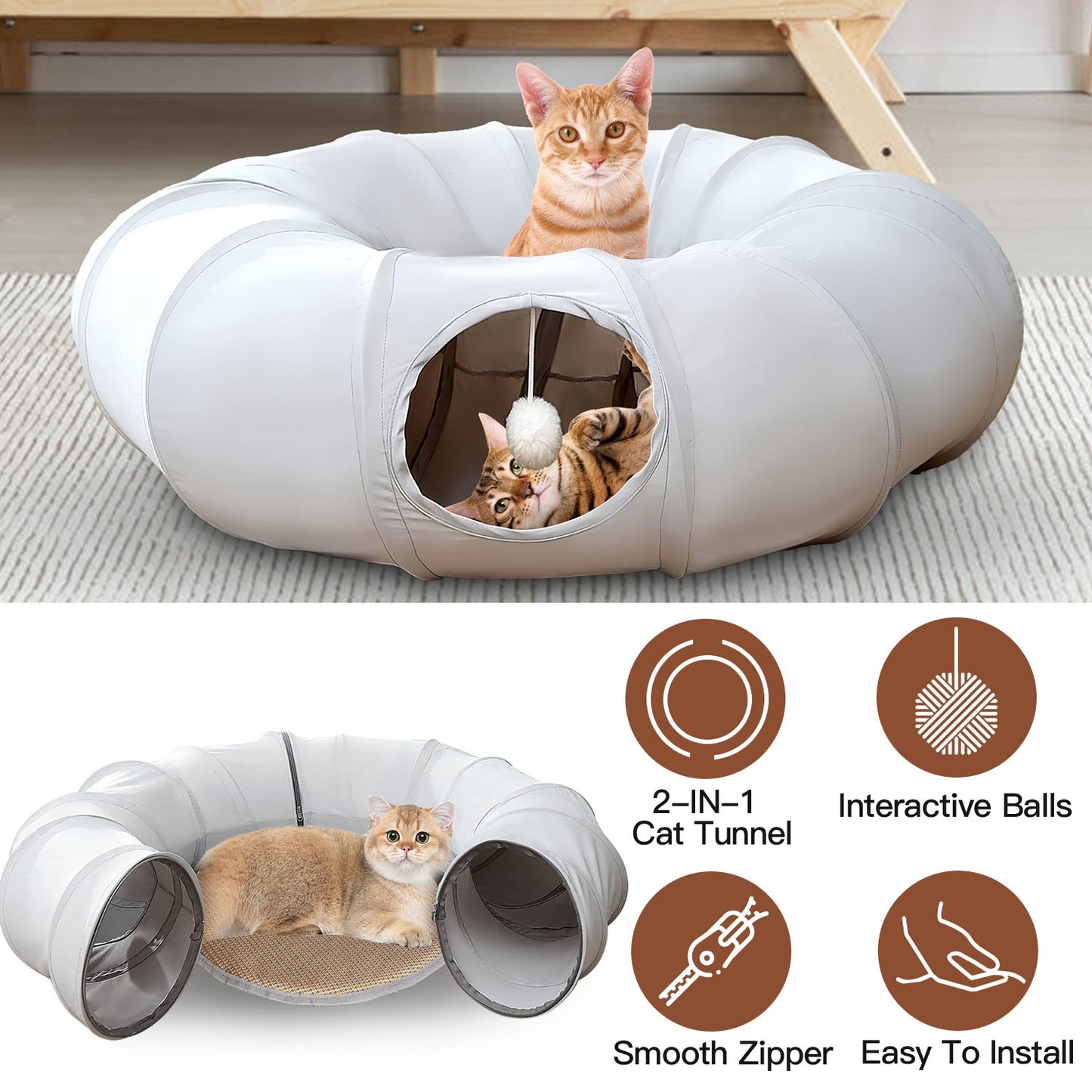 Cat Tunnel Bed with Interactive Balls & Cooling Mat