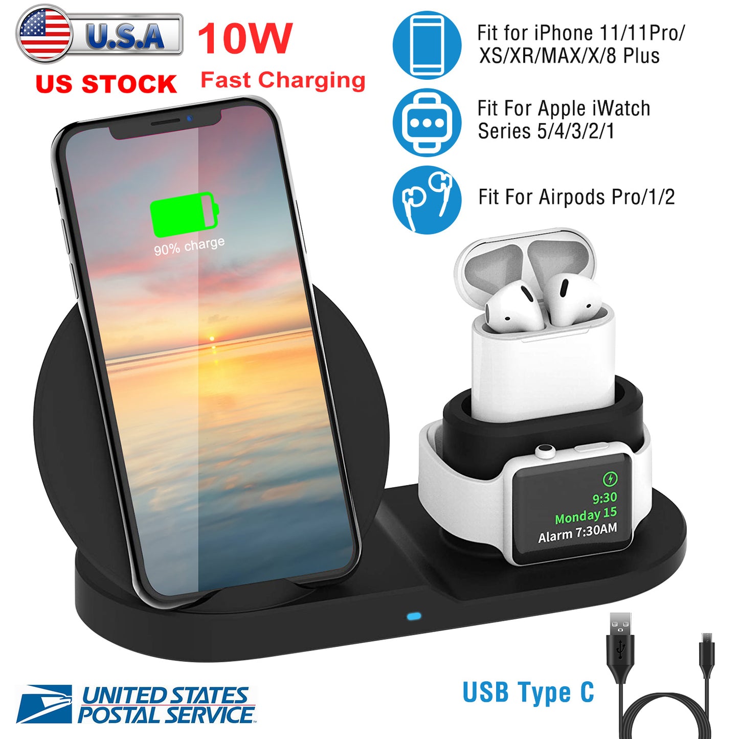 3-in-1 Wireless Charging Station 10W Fast Charge Dock