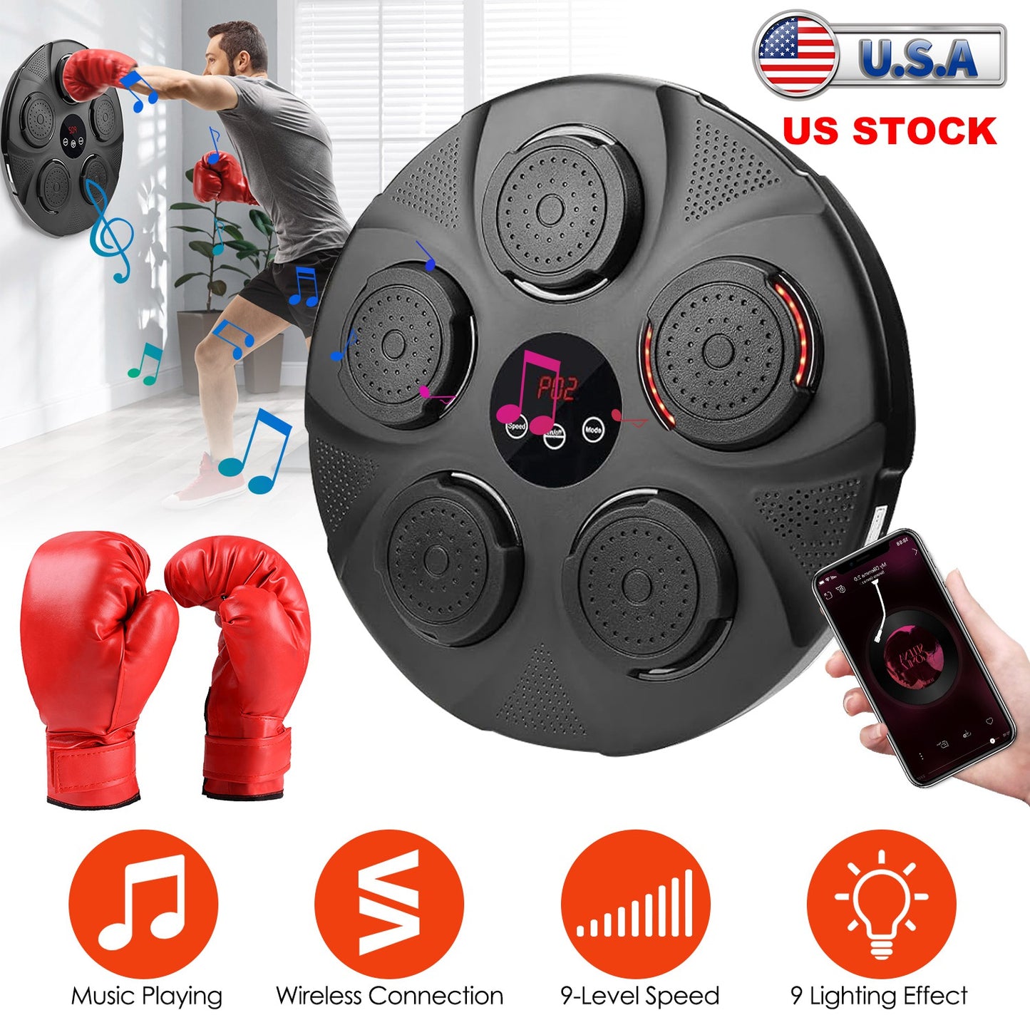 Music Boxing Machine with LED Lights and Bluetooth Speaker