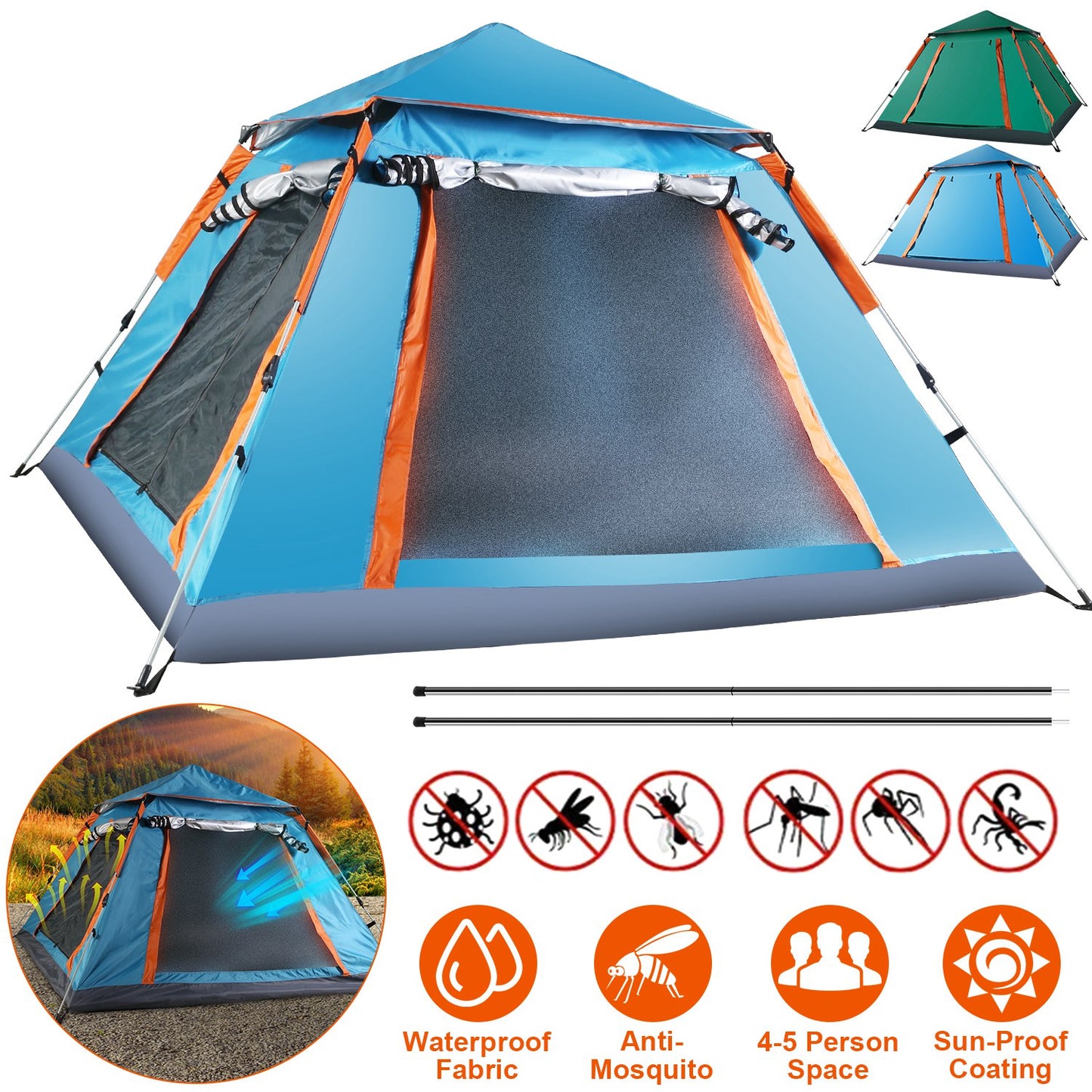4-5 Person Camping Tent with Mosquito Net Windows
