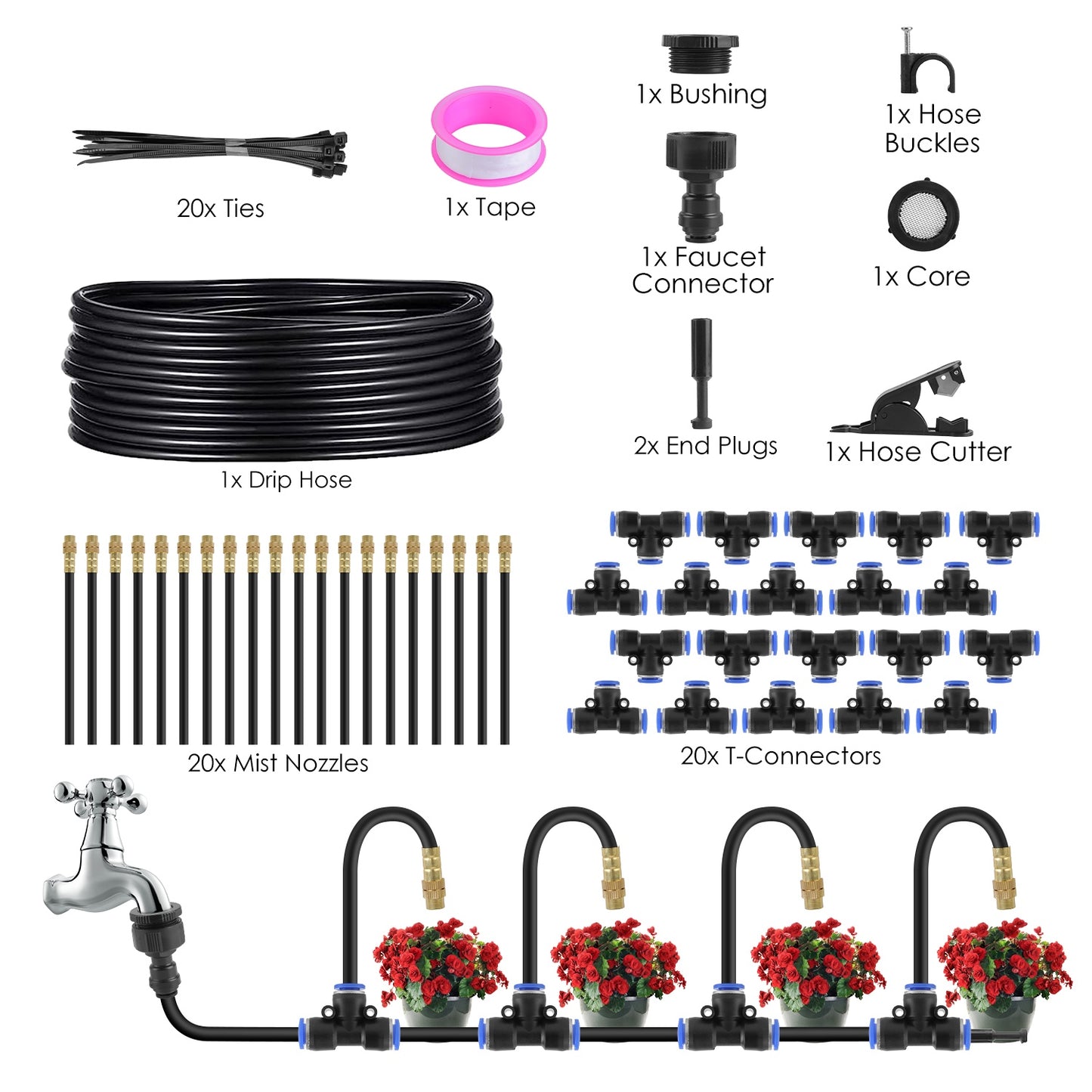 Drip Irrigation System with 49FT Hose & 360° Bendable Nozzles