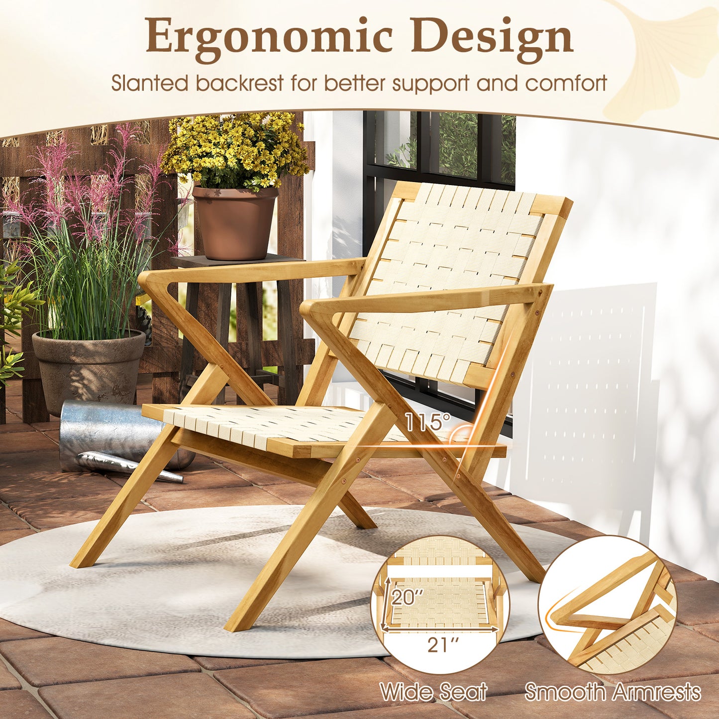 Teak Wood Patio Chair with Webbing Seat and Backrest