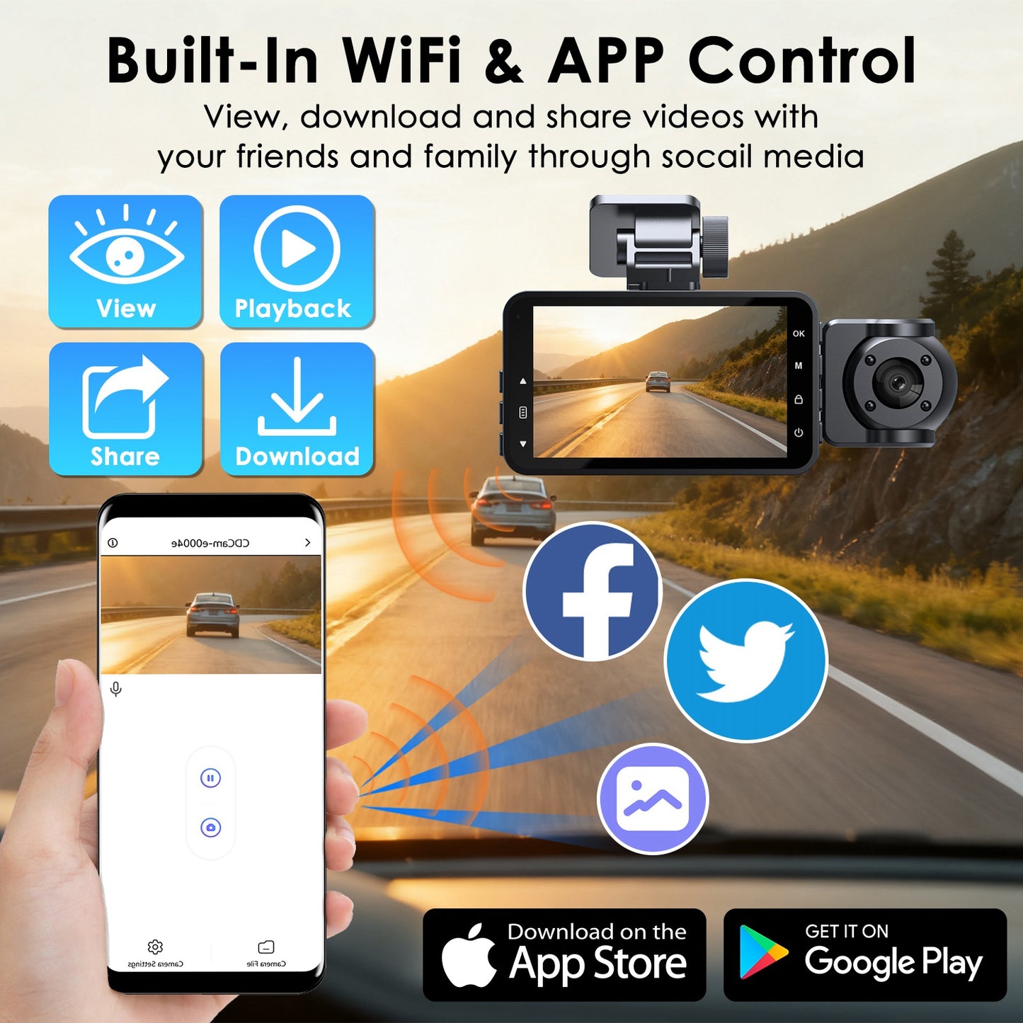 3-Channel Dash Cam with Front, Rear & Interior Cameras