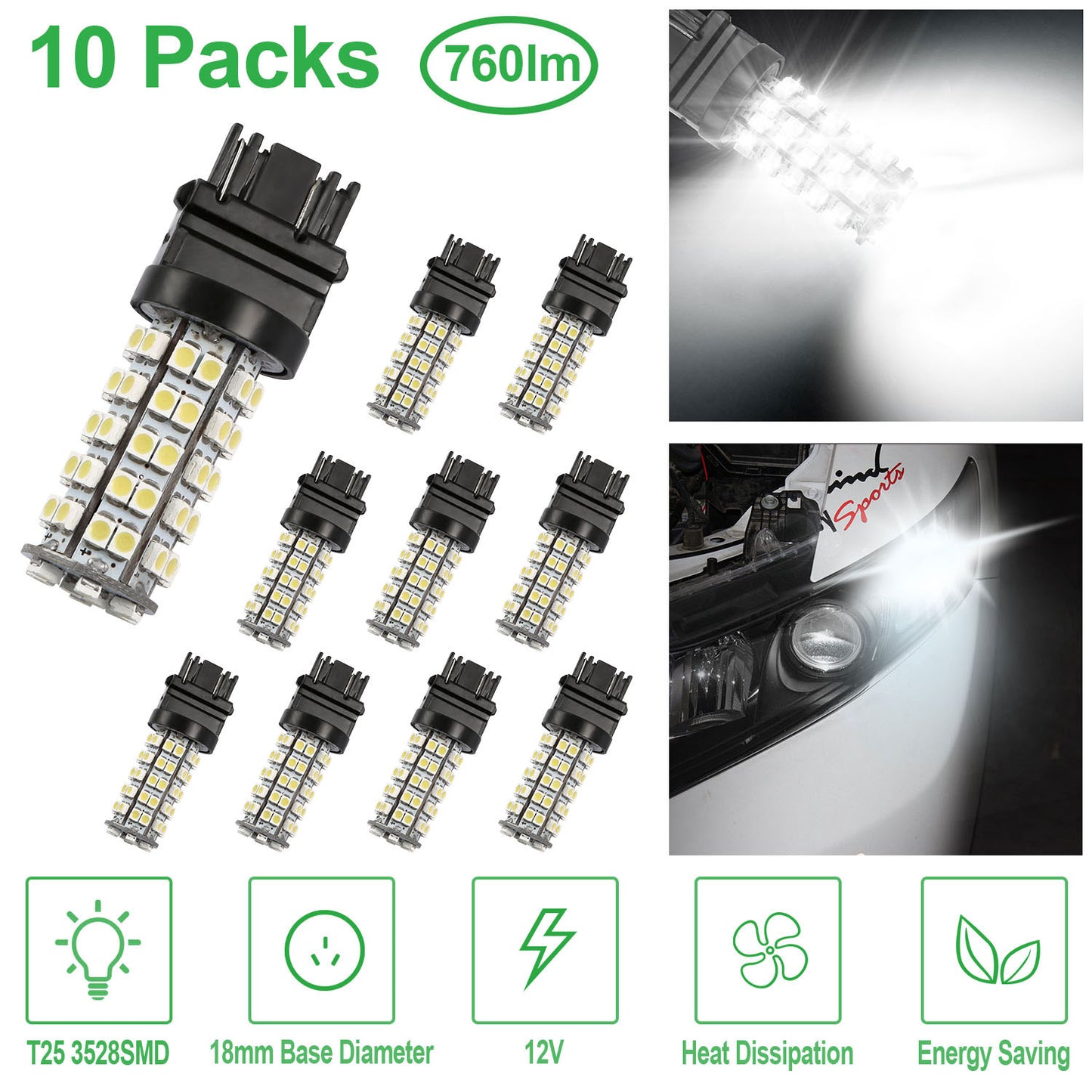 LED Car Light Bulbs 10-Pack 6000K White T25 3528SMD 760lm