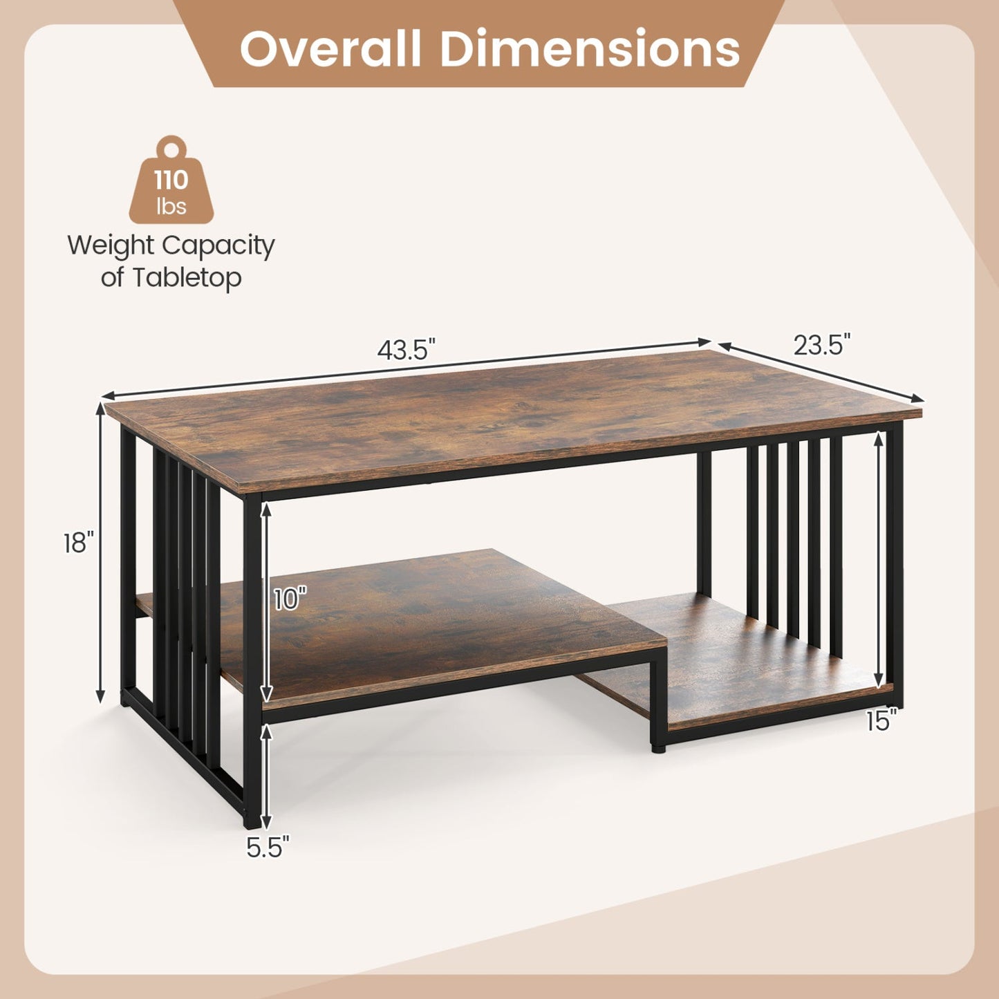 43.5" Coffee Table 2-Tier with Open Storage Shelf