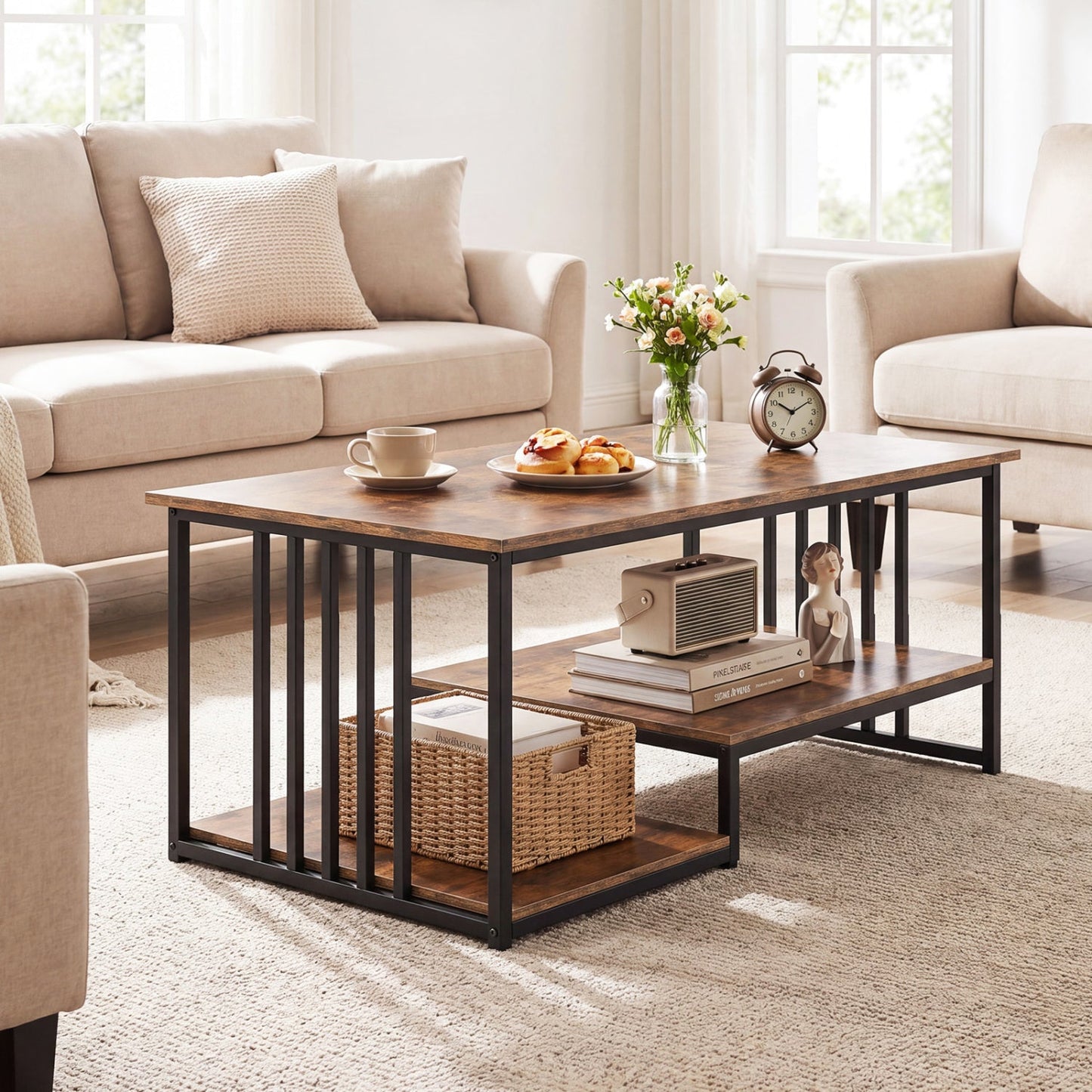 43.5" Coffee Table 2-Tier with Open Storage Shelf